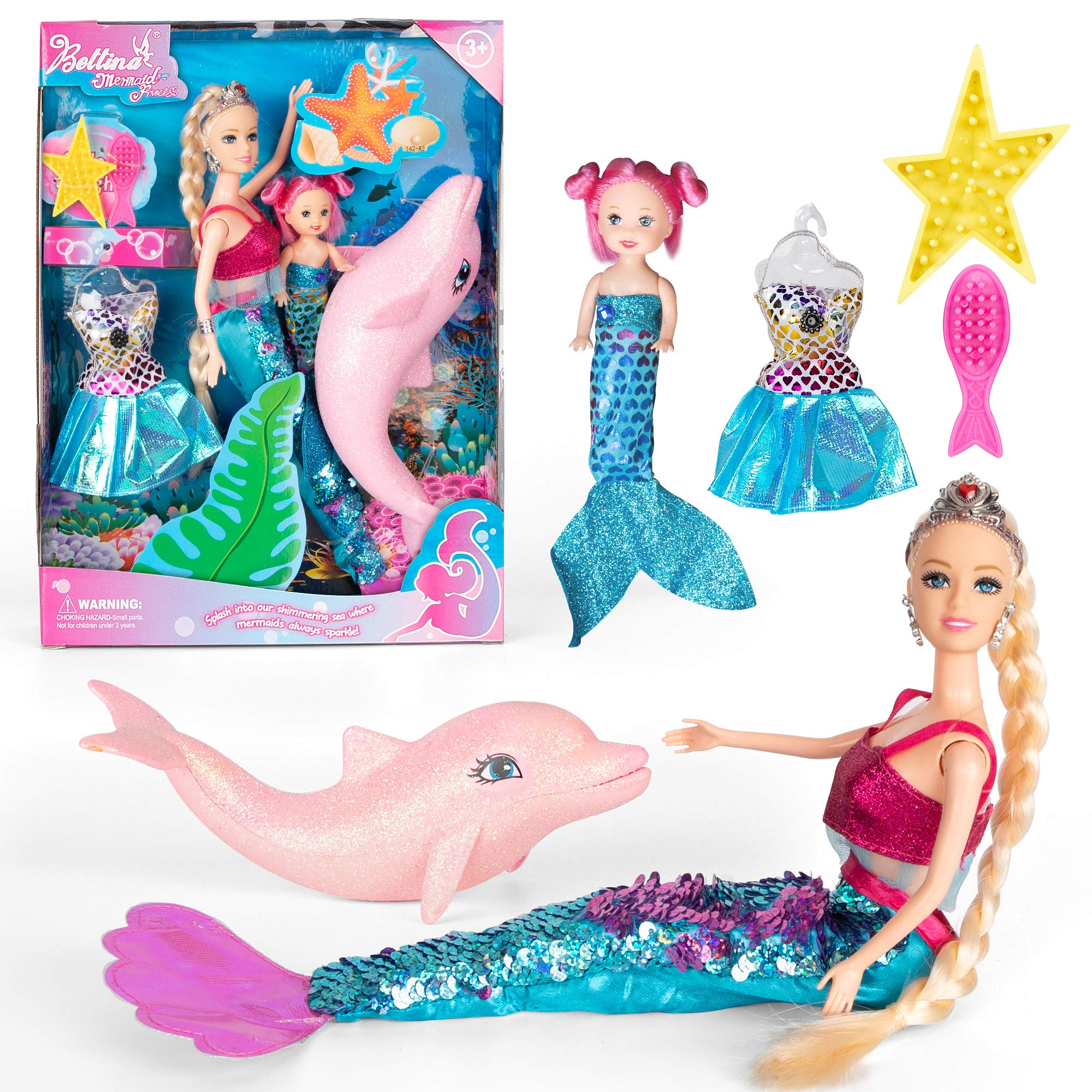 **Mermaid Princess Doll Set with Little Mermaid & Pink Dolphin - Blonde Hair Mermaid Toy with Accessories - Perfect Gift for Girls Ages 3-7 - Underwater Adventure Play for Kids**