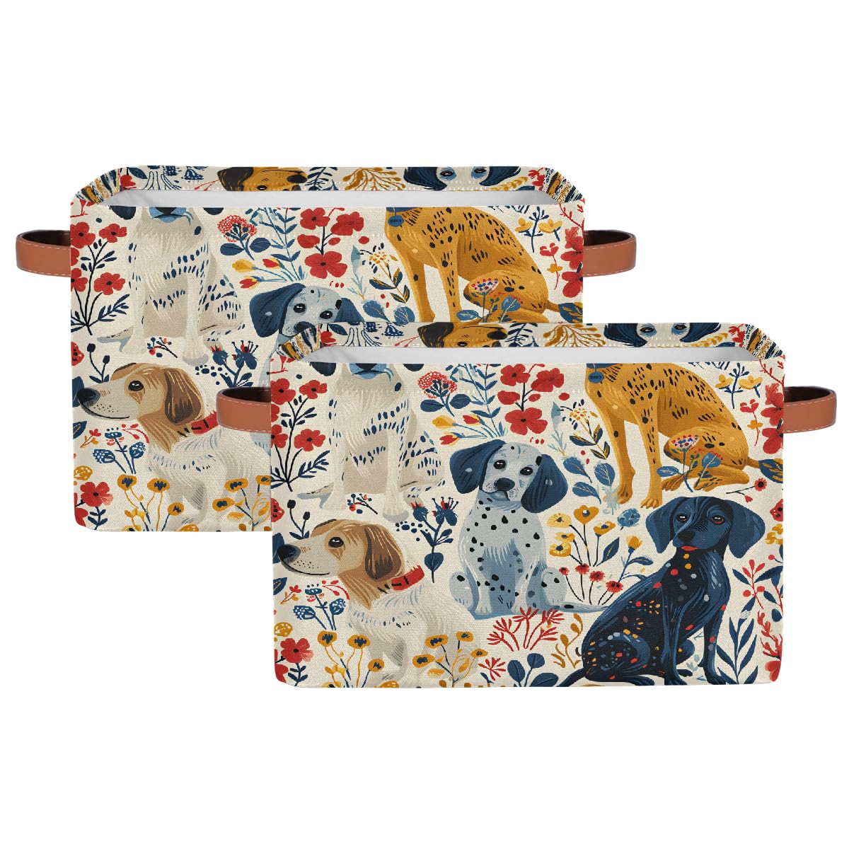 Cartoon Hand-Drawn Dog Foldable Storage Baskets with Handles - 2 Pack Decorative Organizer Bins for Shelves, Home & Office | Perfect for Bedroom, Bathroom, and Kids' Room Storage