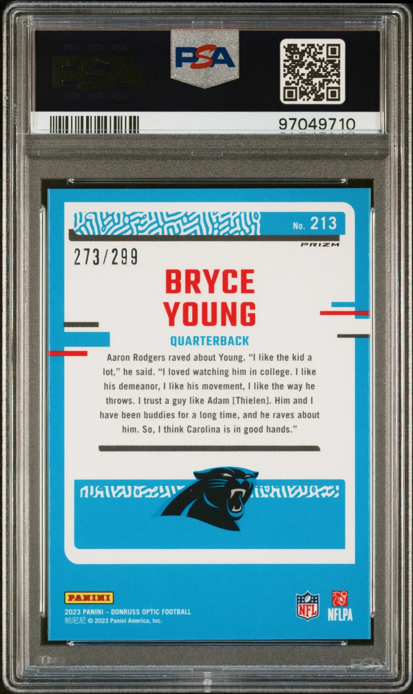 2023 Panini Donruss Optic Bryce Young Rated Rookie Aqua PSA 10 Gem Mint 273/299 #213 Football Trading Card - Perfect for Collectors, Investors & Sports Memorabilia Displays
