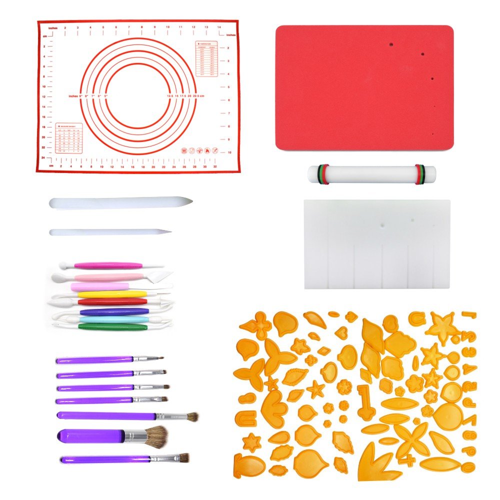 **AK ART KITCHENWARE Fondant Flower Making Tools Set - 12-Piece Plastic Fondant Cutters, Modeling Tools, Silicone Dough Mat, Measuring Pastry Brushes, Foam Pad, Veining Board & Rolling Pin for Cake Decorating, Baking & Sugar Craft**    *(Use for Wedding Cakes, Birthday Cakes, Cupcakes & DIY Sugar Flower Designs)*