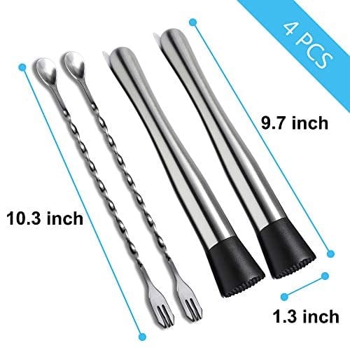10 Inch Stainless Steel Cocktail Muddler and Mixing Spoon Set - 4 Piece Professional Bartender Tools for Mojitos, Ice Crushing & Fruit Drinks - Perfect for Home Bars, Cocktail Parties & Mixology Enthusiasts