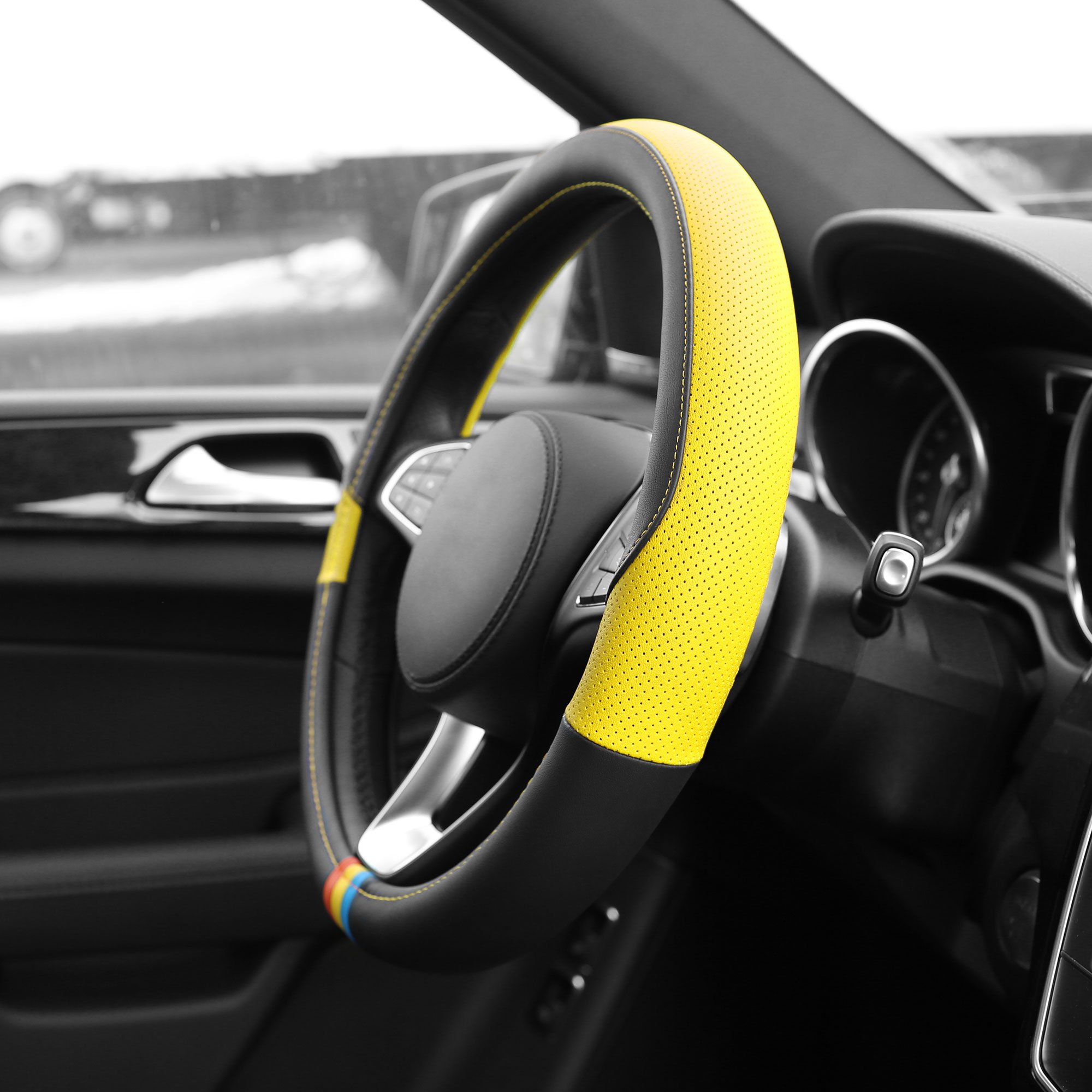 FH Group Full Spectrum Microfiber Leather Steering Wheel Cover - Universal Fit for Cars & SUVs - Yellow | Non-Slip Grip, Heat & UV Protection | Perfect for Road Trips & Daily Commuting