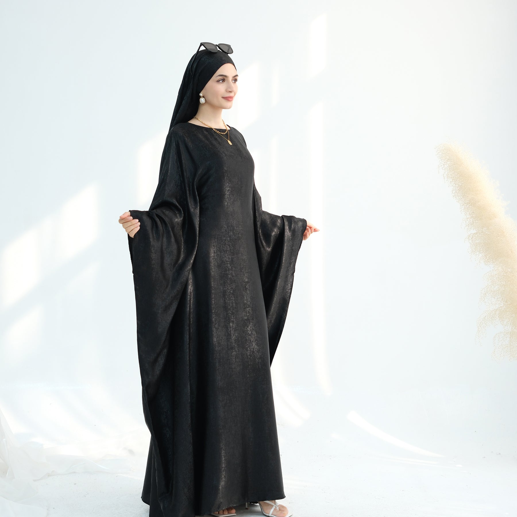 Linora Shimmer Butterfly Abaya - Elegant Black Islamic Dress for Women | Perfect for Prayer, Eid, Wedding & Special Occasions
