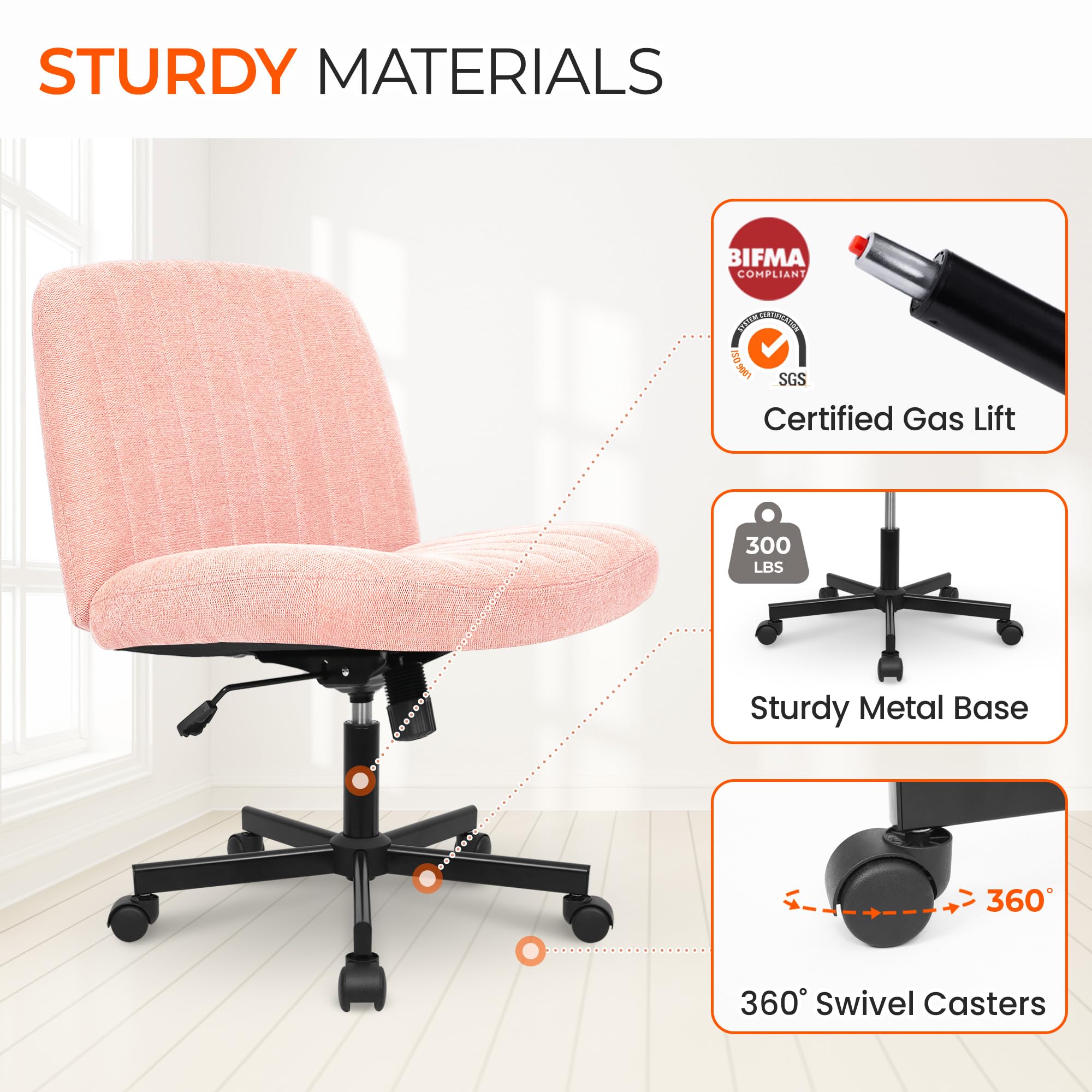 Orange Factory Criss Cross Chair with Wheels - Adjustable Rolling Armless Office Chair for Home & Desk, Comfy Cross-Legged Vanity Makeup Chair in Soft Fabric (Pink) - Perfect for Home Office, Gaming & Beauty Stations