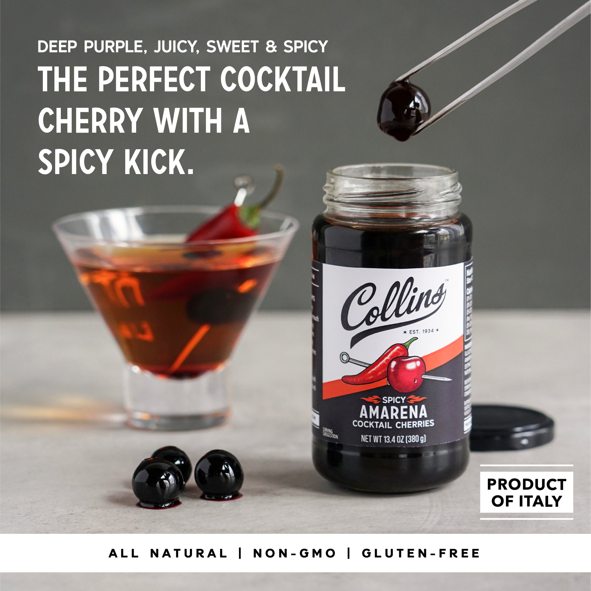 Premium Spicy Amarena Cherries 13.4 oz Jar - Gourmet Italian Cocktail Cherries for Desserts, Drinks & Charcuterie Boards