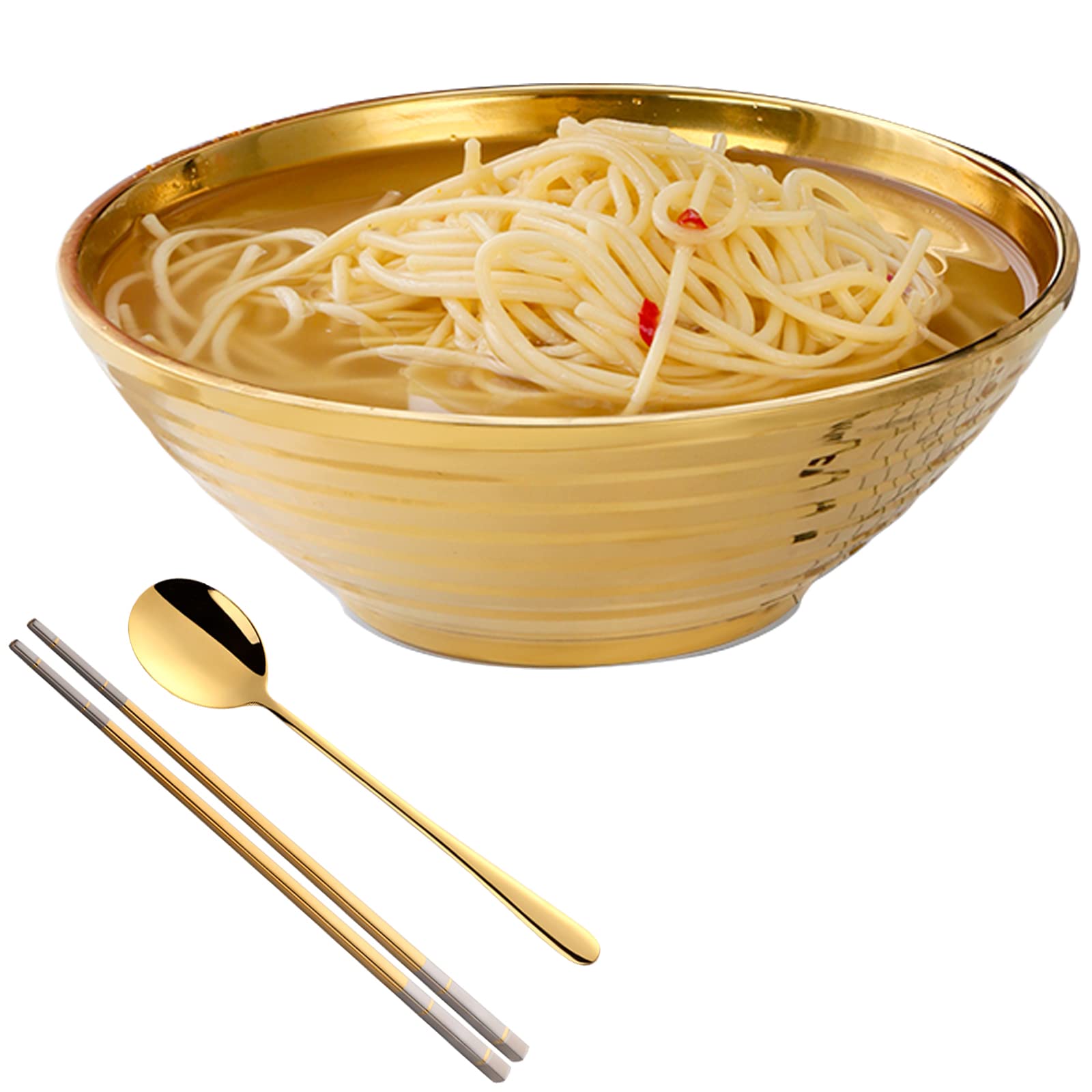 Premium Stainless Steel Ramen Noodle Bowl Set - Large Korean Pho Soup Bowls with Chopsticks & Spoons (Gold) - Perfect for Asian Noodles, Hot Soups & Home Dining