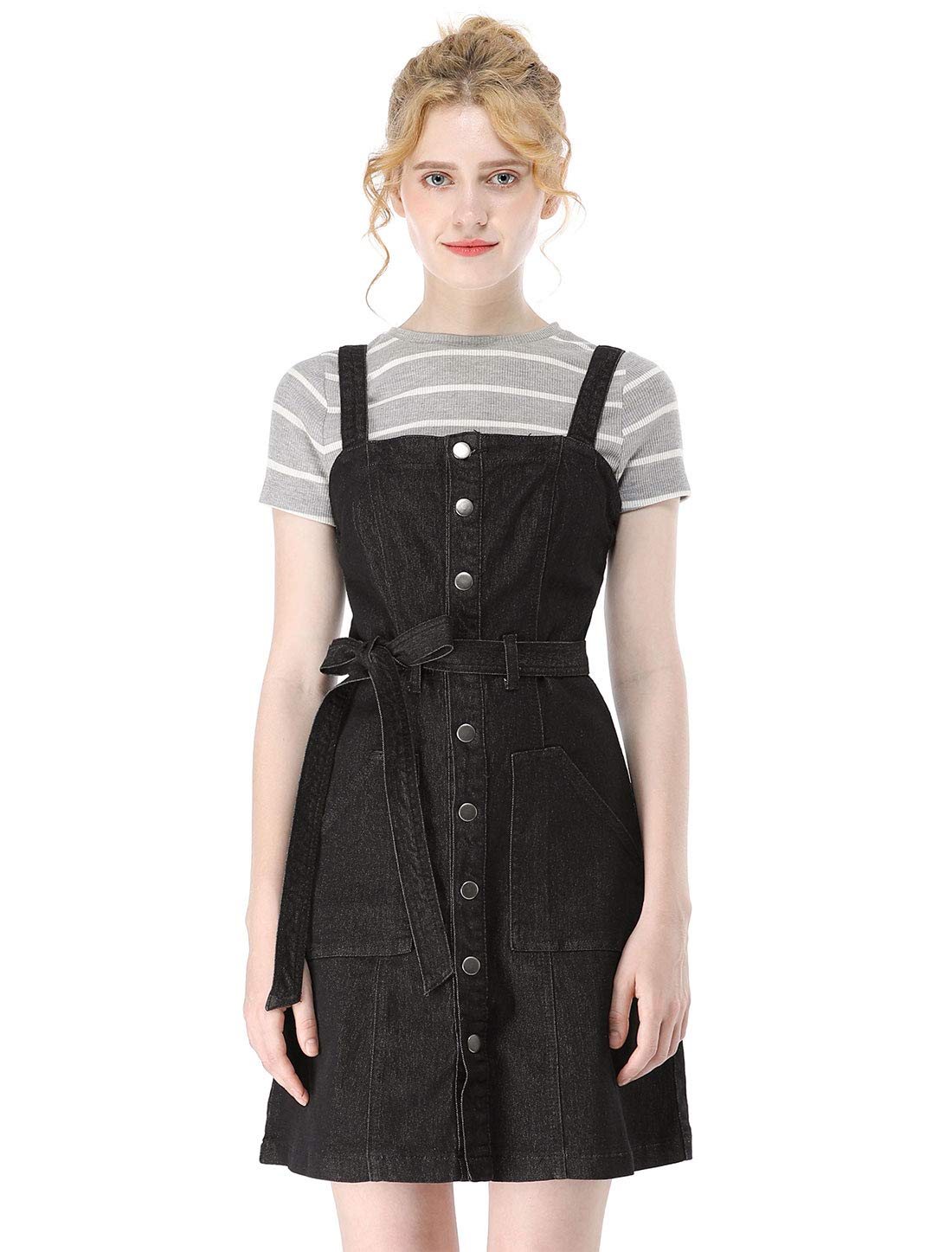 Allegra K Women's Classic Denim Pinafore Dress with Adjustable Straps - Casual Jean Overalls for Spring, Summer & Fall Outfits