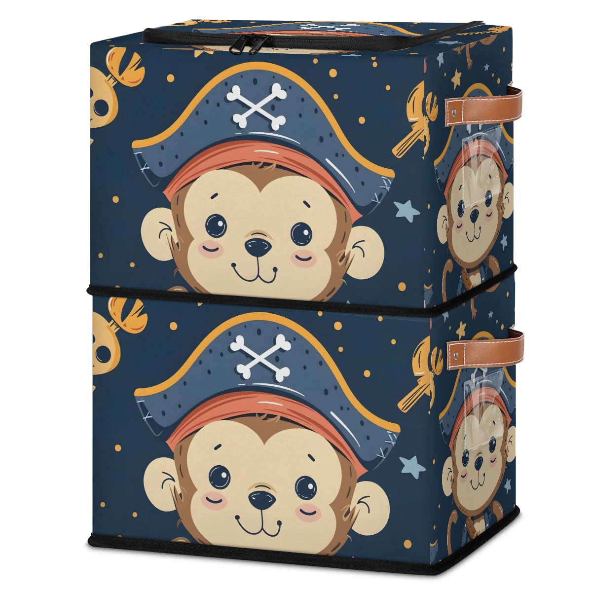 Monkeys Pirate Skeleton Storage Bins with Zipper Lid - 2 Pack Stackable Storage Baskets with Metal Frame, PU Handles - Closet Organizer Cube for Clothes, Toys & Home Organization - Perfect for Bedroom, Kids Room & Dorm Storage