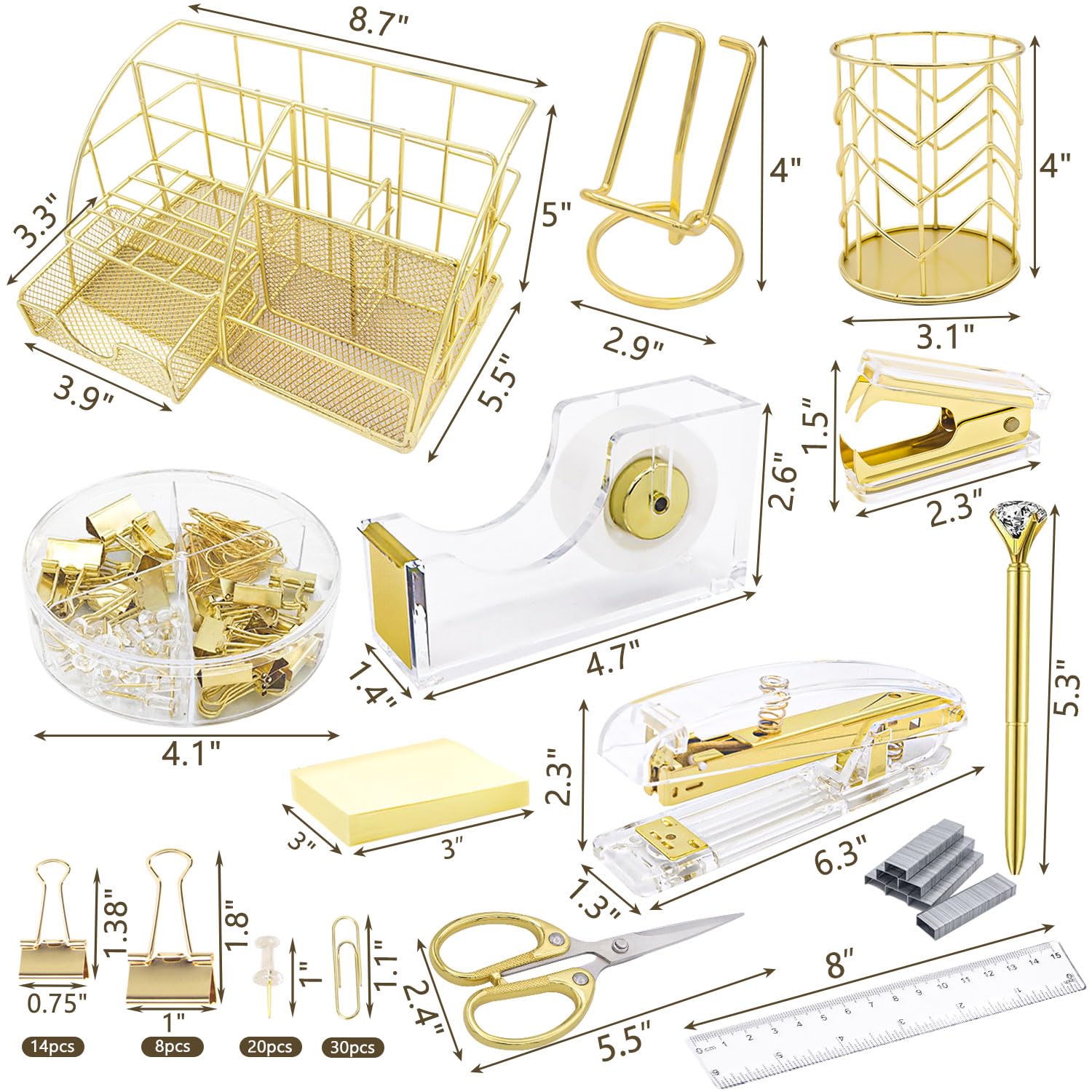 Rose Gold 13-Piece Office Desk Organizer Set - Acrylic Stapler, Staple Remover, Paper Clips, Scissors, Phone Stand, Pen Holder & Tape Dispenser | Stylish Workspace Accessories for Home & Office Organization