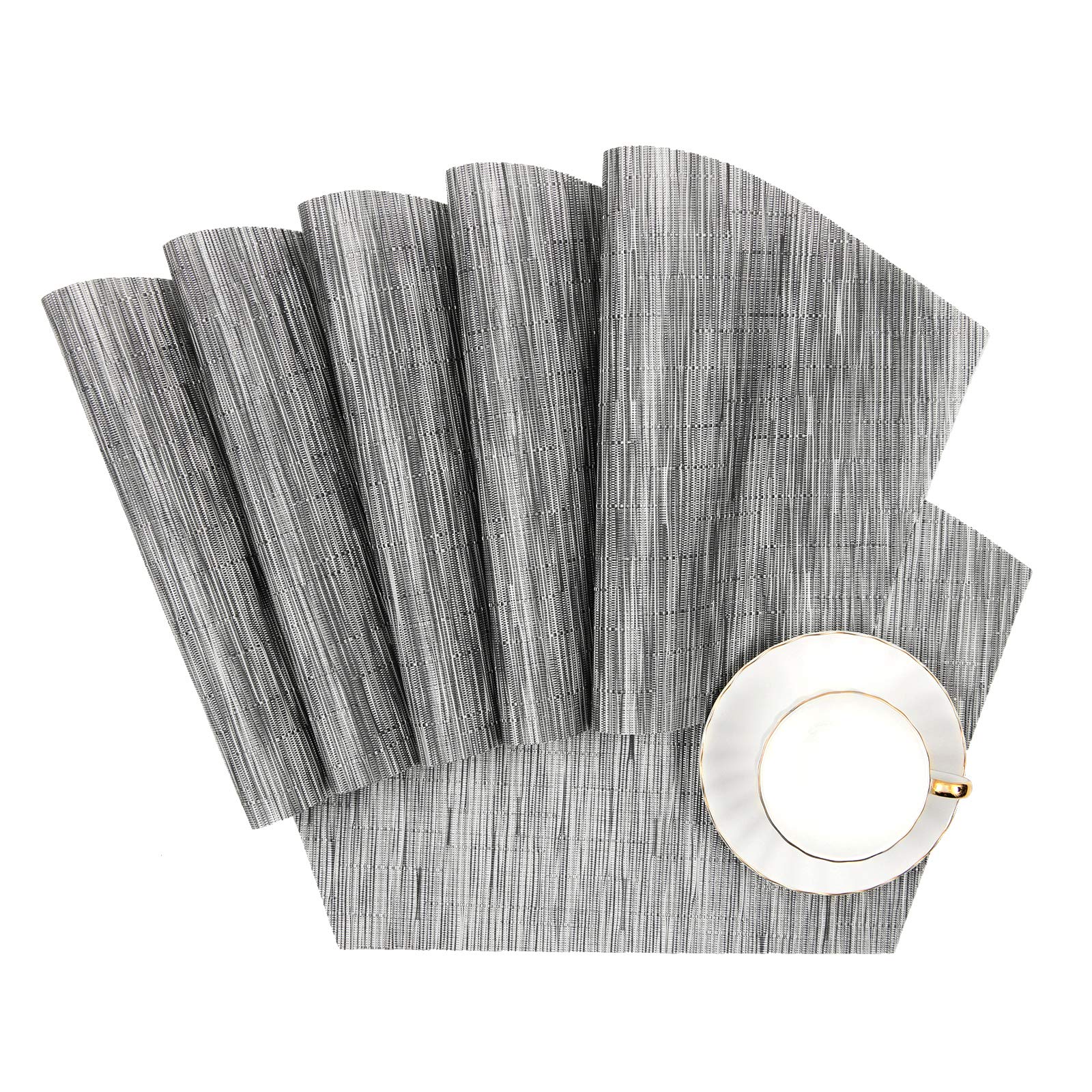 SHACOS 7-Piece Round PVC Woven Table Placemats Set with Wedge Design & Centerpiece - Washable, Silver Grey - Perfect for Dining Room, Kitchen, and Party Decor