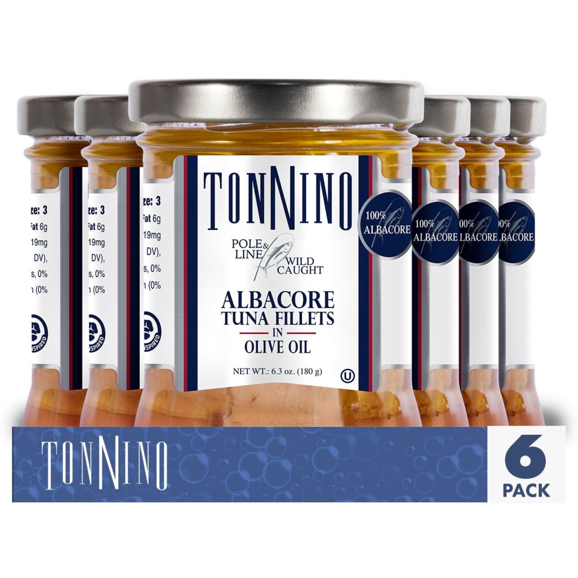 Tonnino Albacore Tuna in Olive Oil 6.3oz (6-Pack) | High Protein, Omega-3 Rich, Gluten-Free & Kosher | Ready-to-Eat Tuna Packets for Salads, Sandwiches & Healthy Meals | Sustainable Pole & Line Caught | Perfect for Keto, Paleo & On-the-Go Lunches