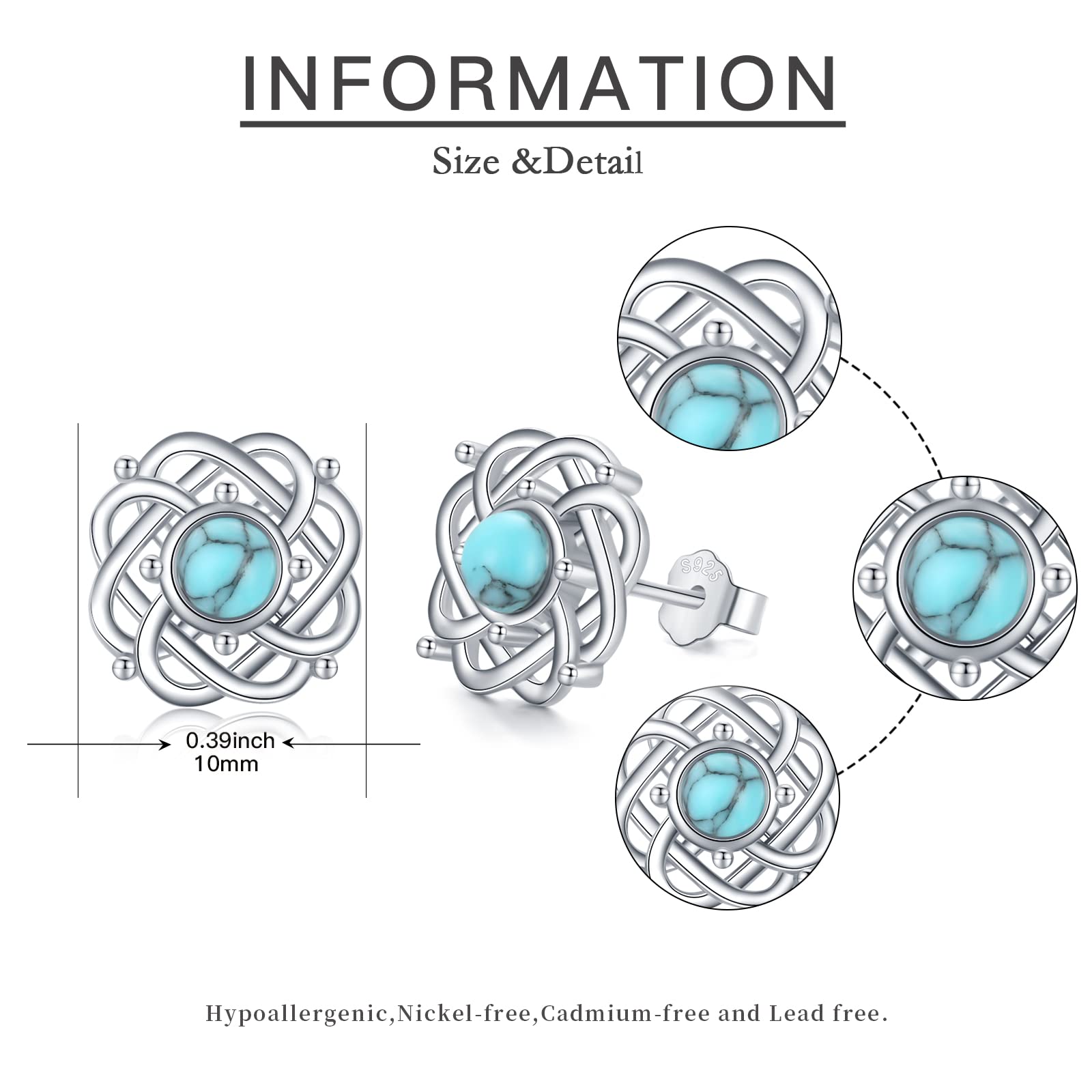 925 Sterling Silver Turquoise & Moonstone Celtic Knot Bohemian Stud Earrings for Women | Hypoallergenic Jewelry for Sensitive Ears | Perfect for Boho Fashion, Gift Giving & Everyday Wear