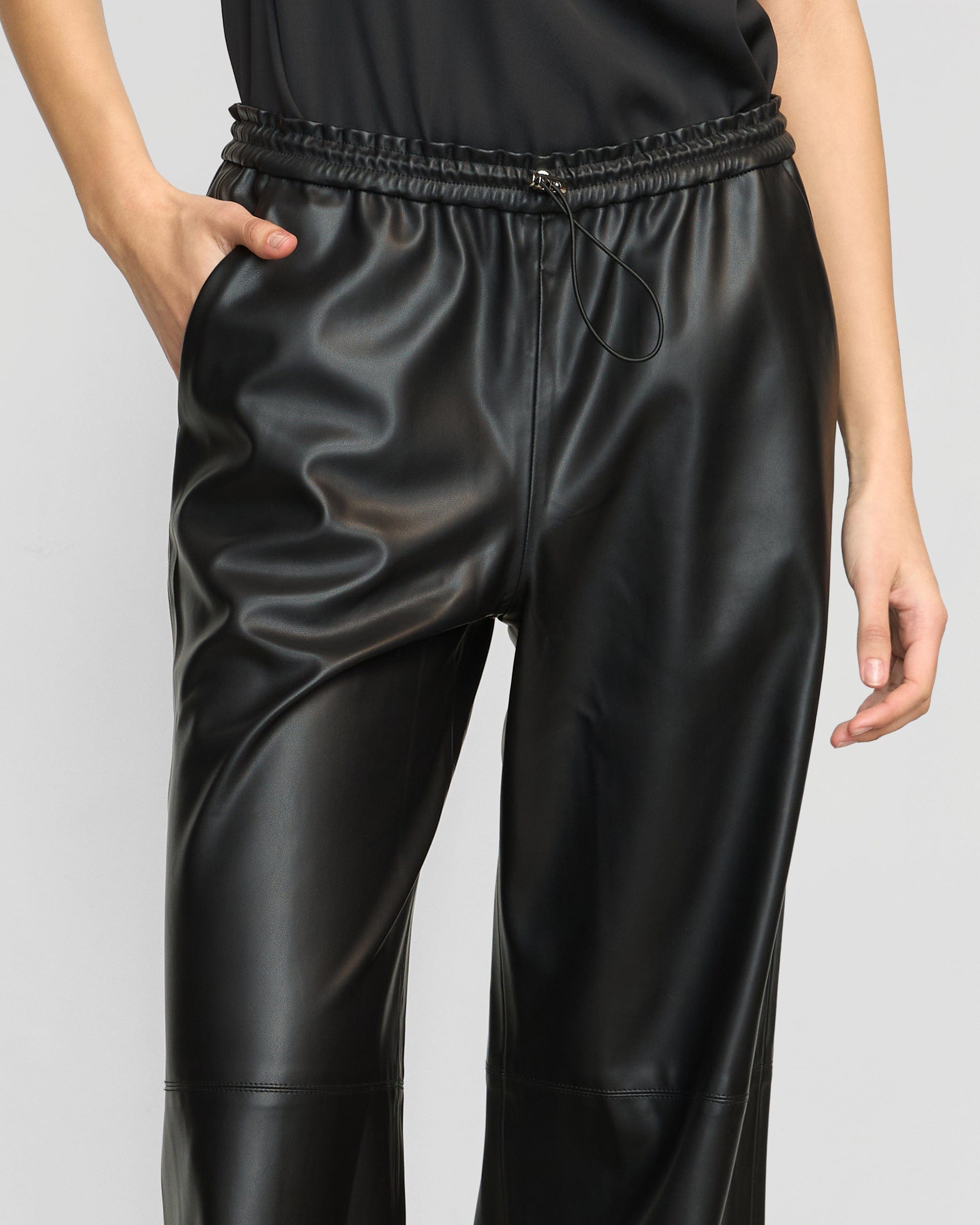 Lianne Vegan Leather Drawstring Pants for Women - Stylish & Comfortable High Waisted Trousers for Work, Travel & Casual Outfits