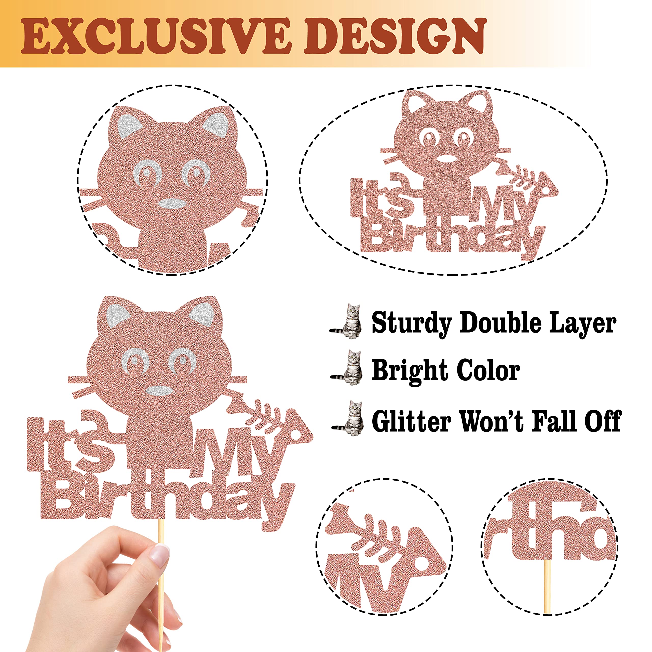 Rose Gold Glitter Cat Cake Topper for Birthday Party - Pet Theme Cake Decorations for Girls, Kids, 1st Birthday & Baby Shower - Perfect for Kitten-Themed Celebrations and Special Occasions