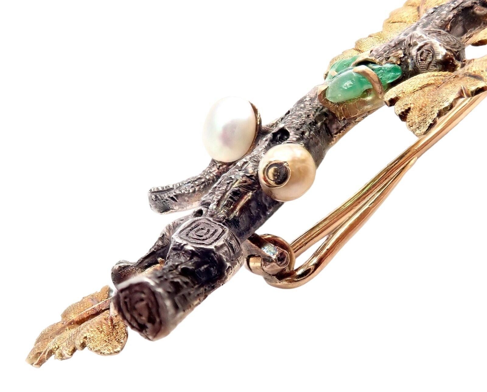 Vintage Buccellati 18K White & Yellow Gold Carved Emerald Branch Brooch Pin - Elegant Jewelry for Women, Perfect for Weddings, Parties & Special Occasions