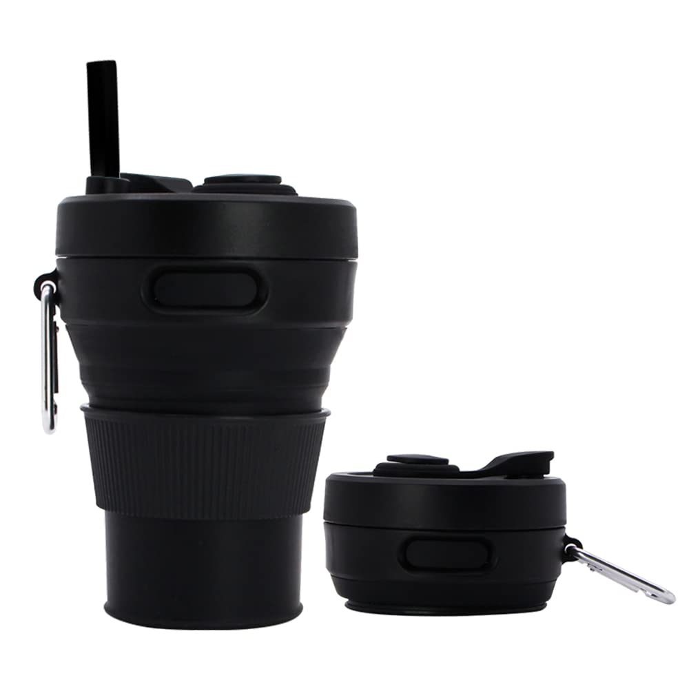 UNNESTAR Collapsible Silicone Coffee Mug with Straw - 450ml Reusable Travel Cup for Camping, Hiking, Outdoor Adventures - Portable & Foldable Drinking Cup (Black) - Perfect for Backpacking, Picnics, and Daily Commute