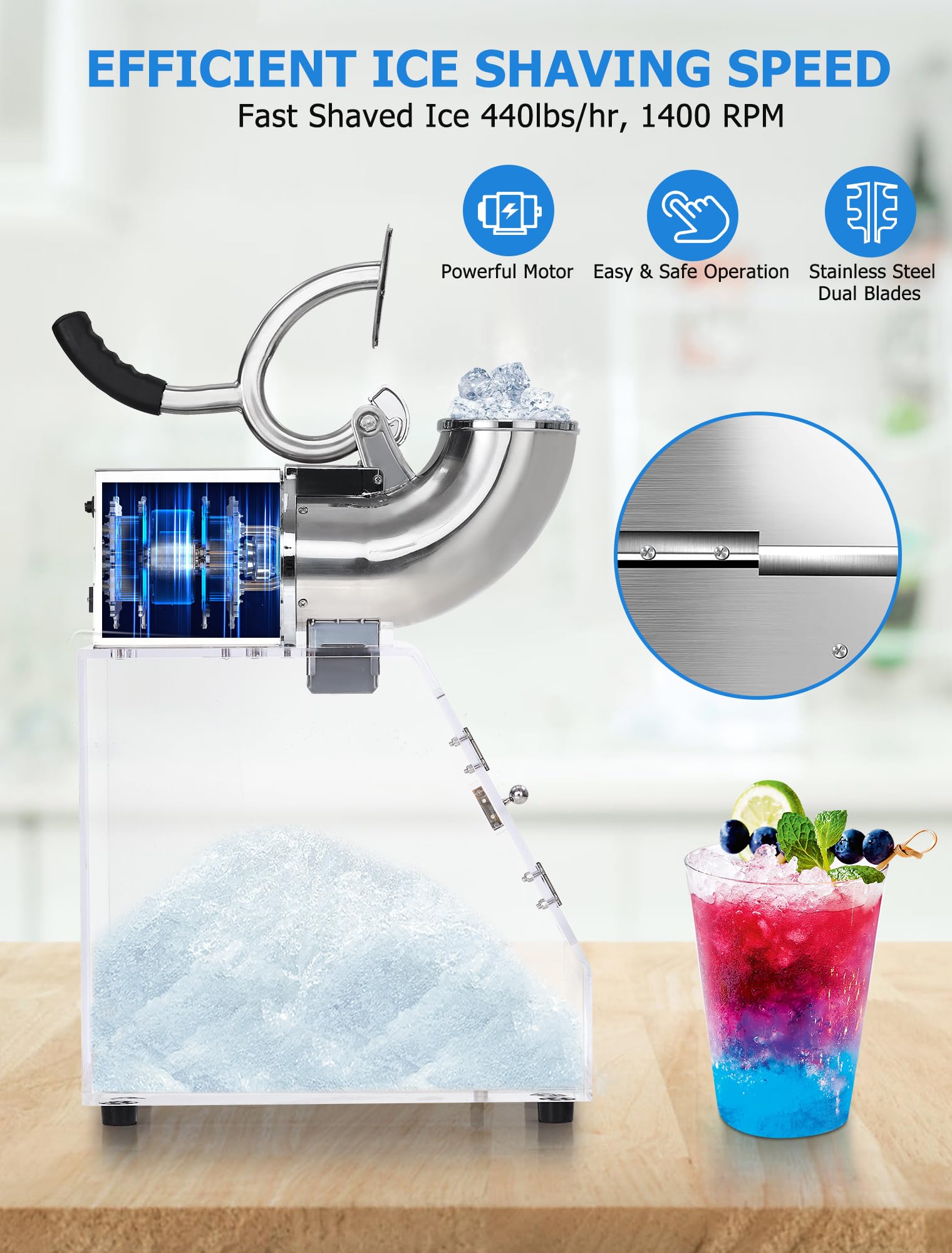 350W Commercial Ice Crusher Machine with Acrylic Case & Stainless Steel Dual Blades - Heavy Duty Safety Switch for Home Bars, Restaurants, and Smoothie Shops - Perfect for Cocktails, Slushies, and Frozen Drinks