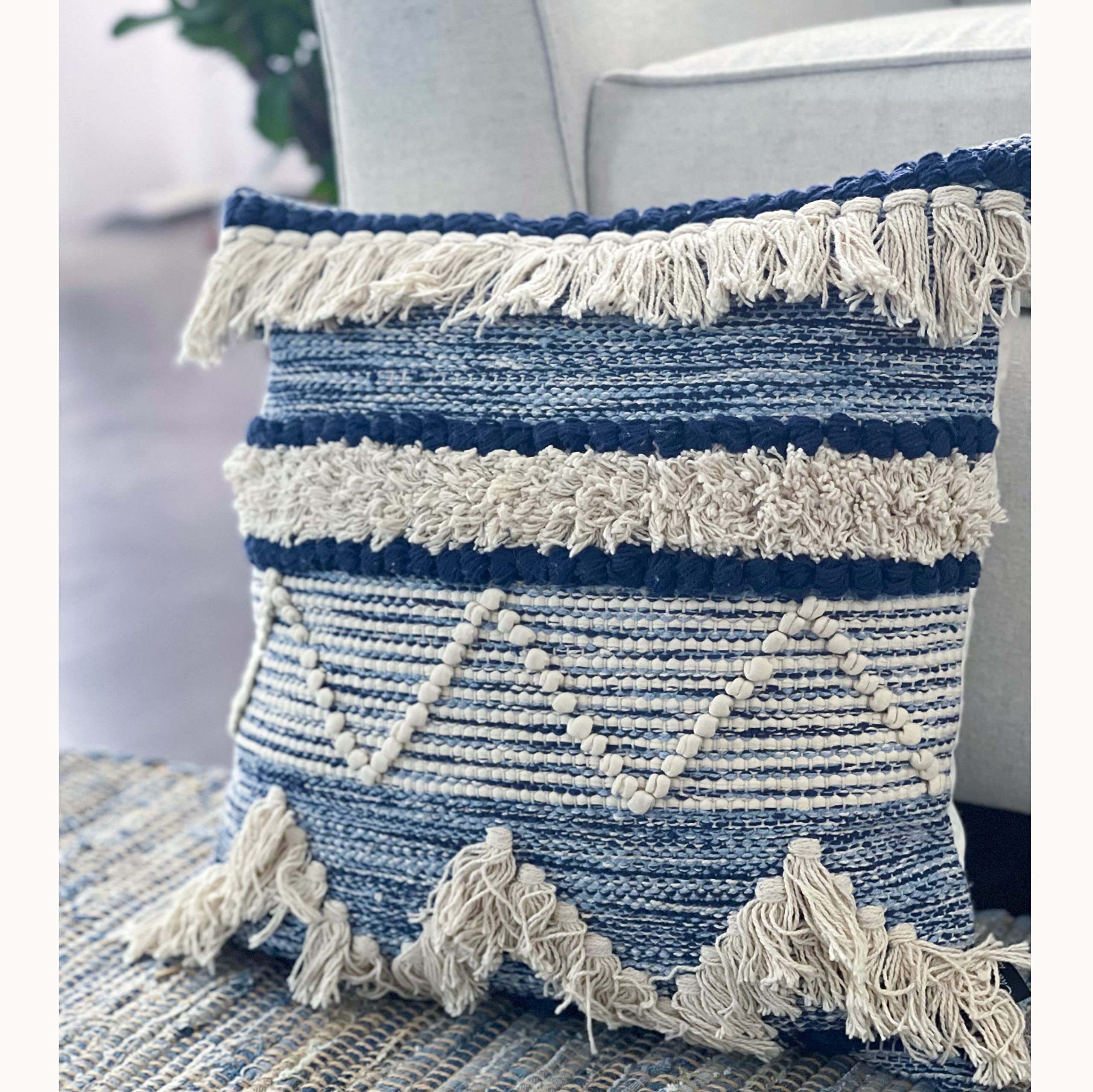 Chardin Home Montego - Handwoven Cotton Decorative Throw Pillow Covers Set of 2 (18x18 Inch) - Soft Square Blue & Off-White Couch & Sofa Pillow Cases for Living Room, Bedroom & Home Decor