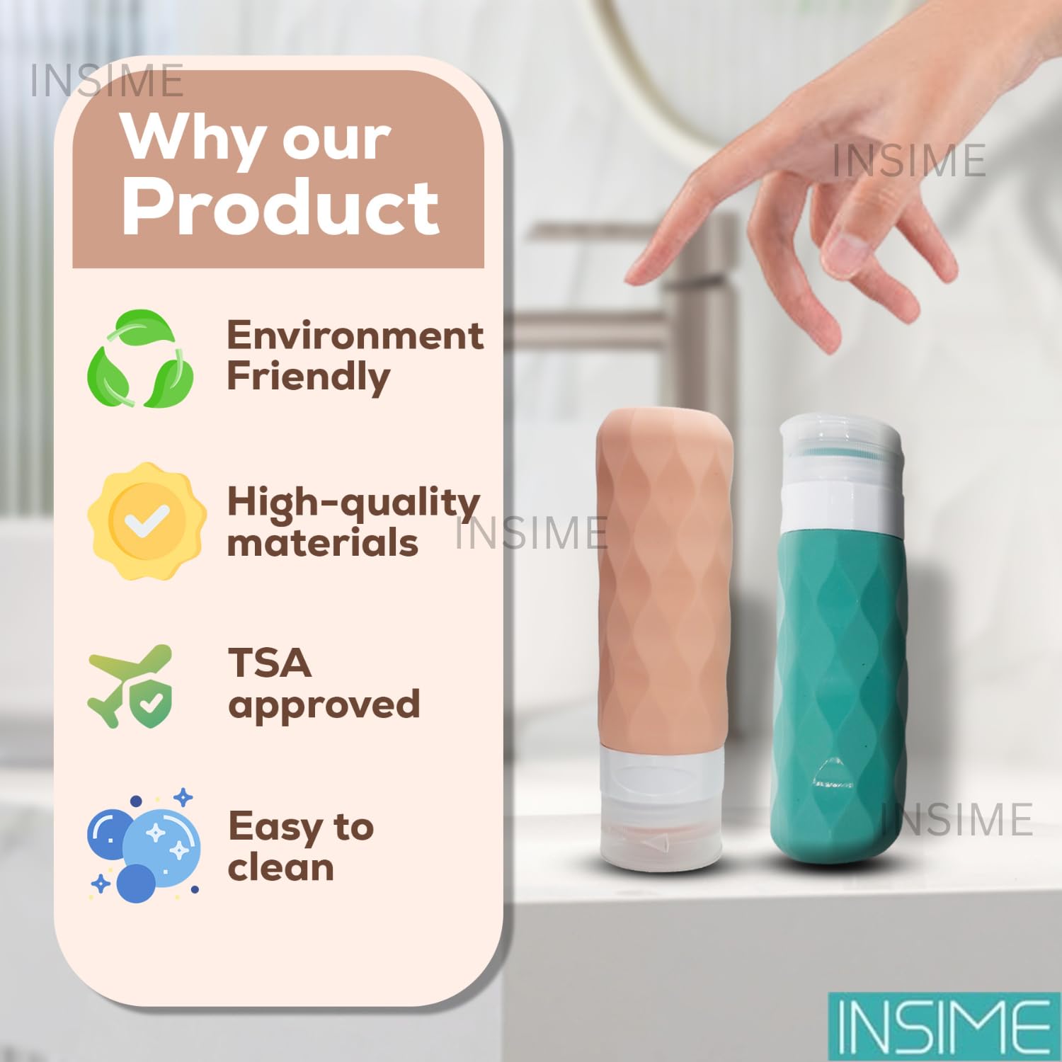 INSIME Silicone Travel Bottles for Toiletries - Leak Proof Refillable Containers for Shampoo, Lotion & Makeup | TSA Approved Travel Size Toiletry Kit | Perfect for Airplane Carry-on, Gym Bag & Vacation Essentials