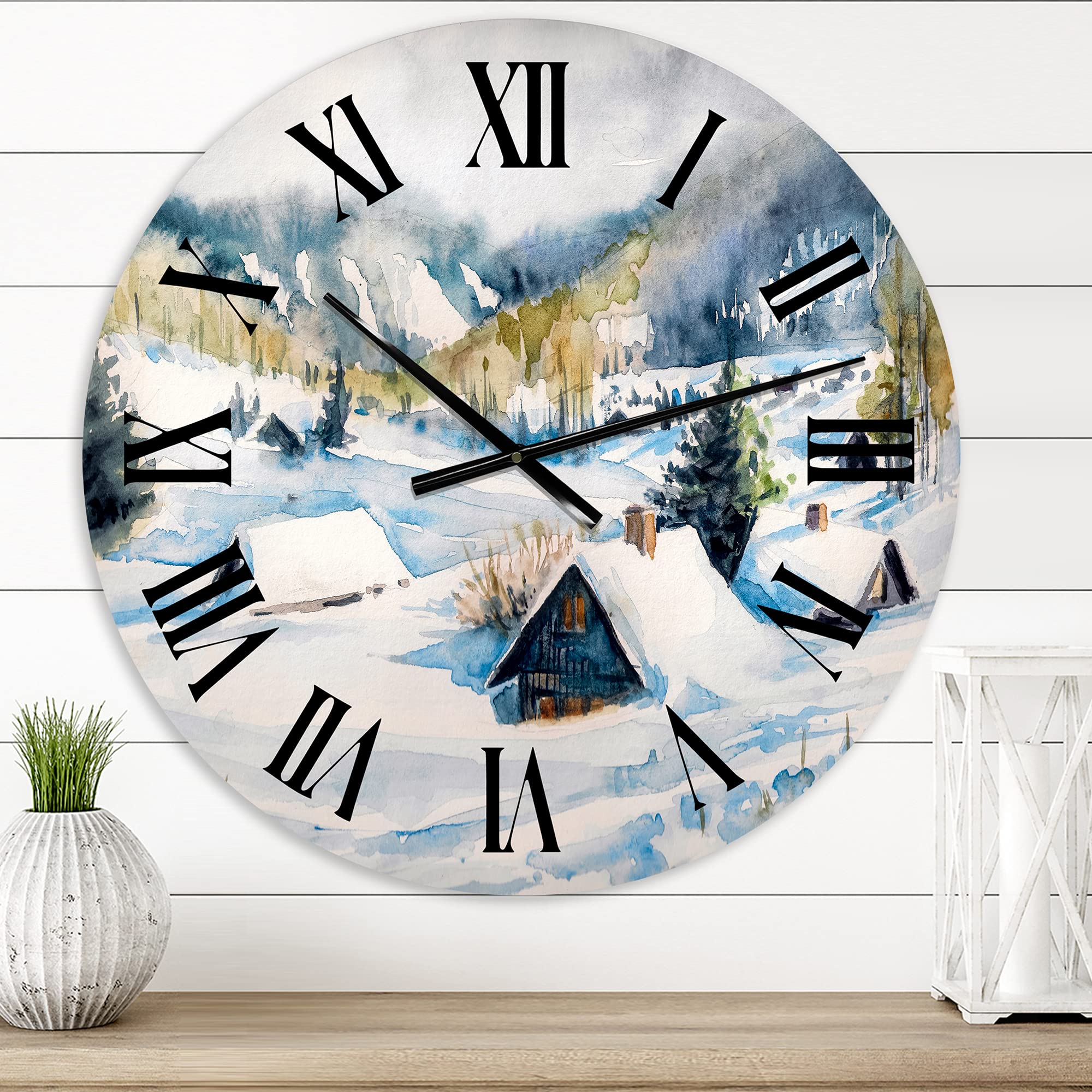 DesignQ Traditional Wall Clock 'Mountain Village in Winter' - Large Landscape Nature Wall Clock for Home Decor - Perfect for Living Room, Bedroom & Office