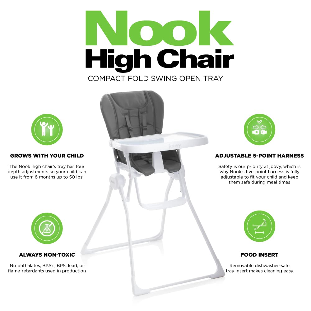 Joovy Nook High Chair - 4-Position Adjustable Height, Swing Open Tray & Removable Dishwasher-Safe Insert for Easy Cleaning - Compact Foldable Design for Space Saving Storage (Charcoal) - Perfect for Babies & Toddlers at Home or Restaurant Dining