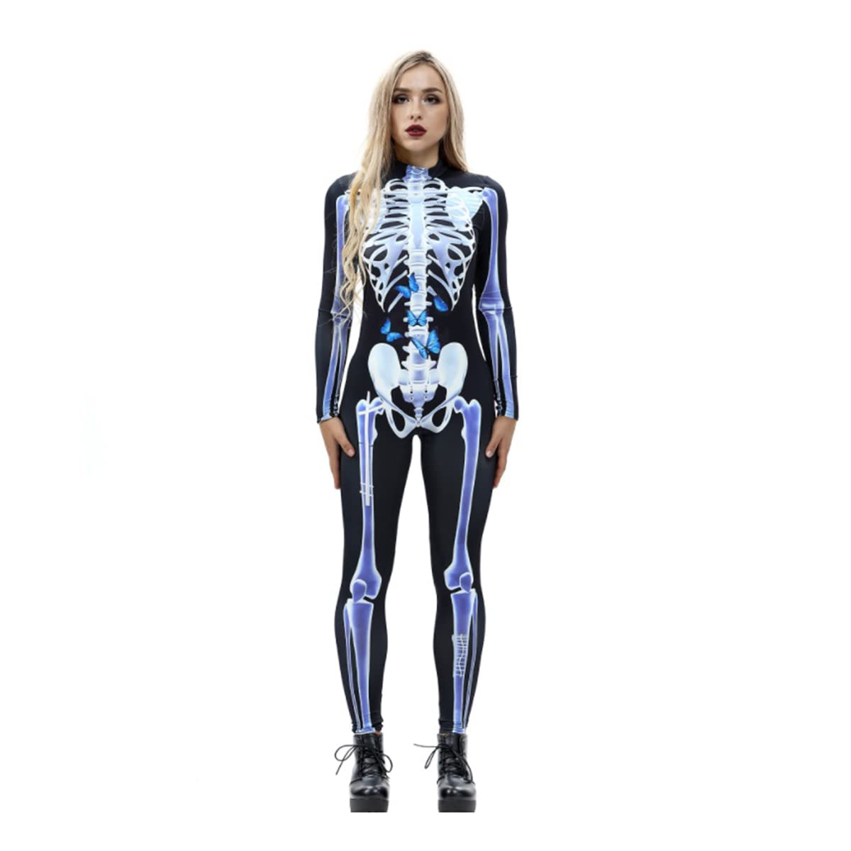 3D Printed Skull Costume for Women - Long Sleeve Halloween Jumpsuit Set | Gothic Party Outfit, Cosplay Costume, Spooky Themed Events