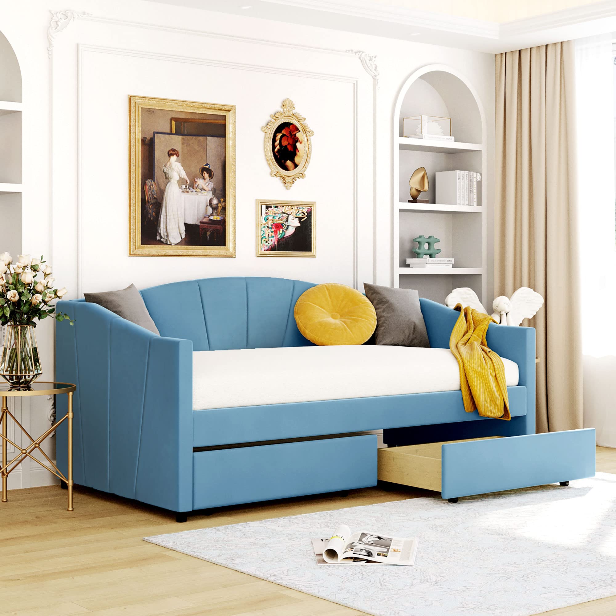 Merax Twin Size Upholstered Daybed with 2 Drawers & Wood Slat Support - Blue Fabric Sofa Bed Frame for Small Spaces, Guest Room & Dormitory