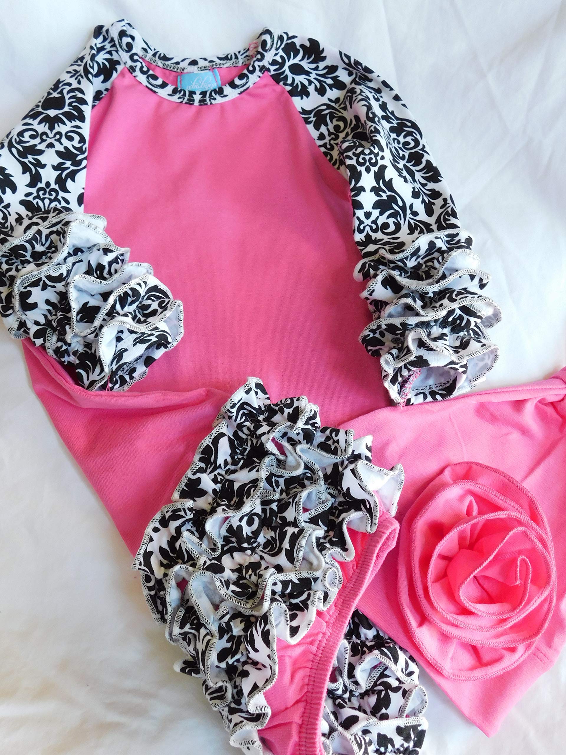 Baby Girl Clothes 0-6M - Ruffled Gown & Hat Set in Pink & Black | Newborn Photoshoot & Christening Outfit