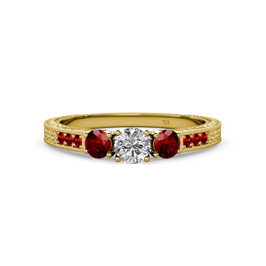 14K Yellow Gold Diamond & Red Garnet 3-Stone Ring - 0.89cttw Vintage Style Jewelry for Anniversary, Engagement & Special Occasions