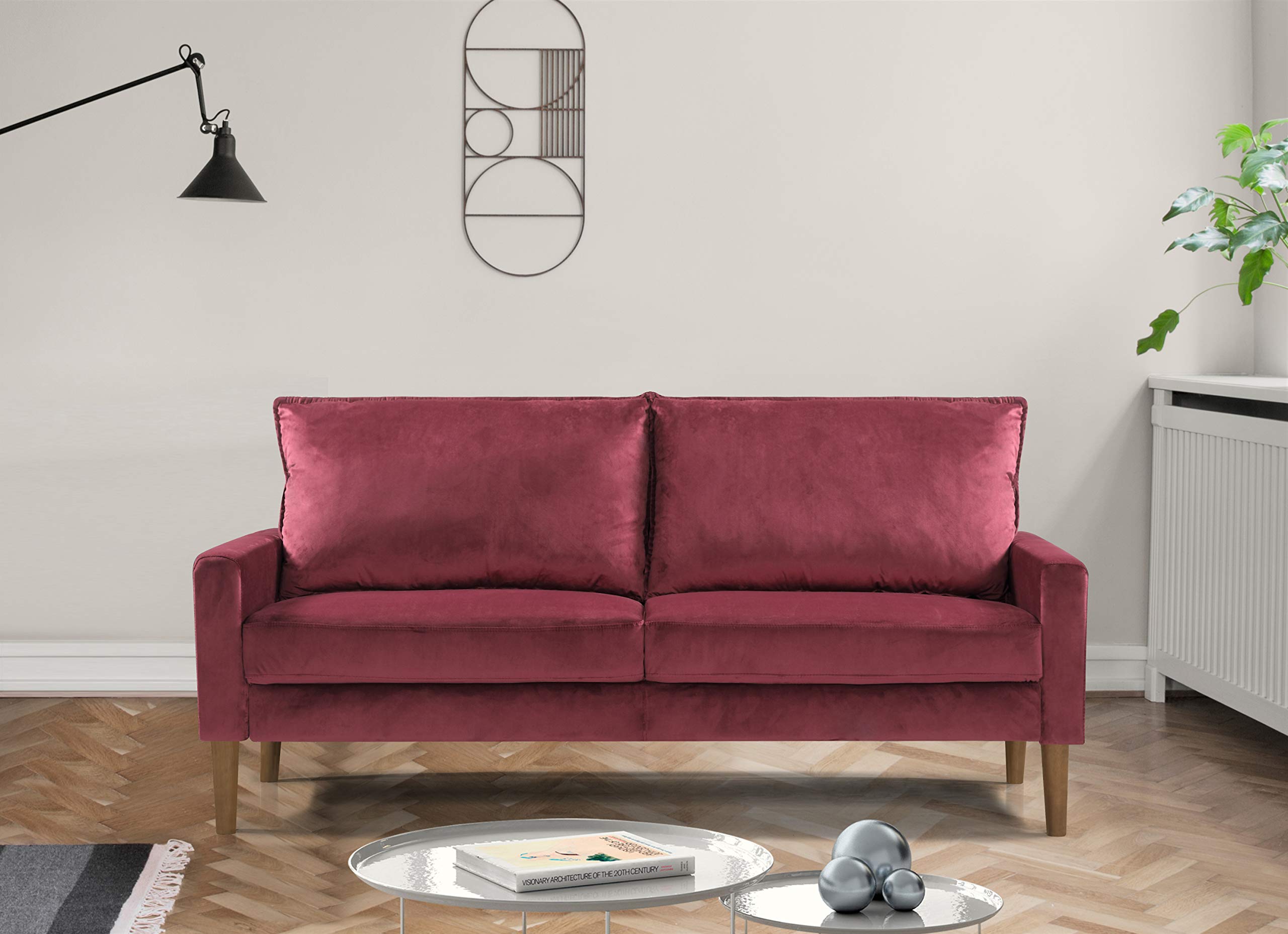 Mid Century Modern Velvet Sofa - 3 Seater Small Space Couch for Living Room & Bedroom, Easy Assembly, Ruby Red Upholstered - Perfect for Apartments, Dorms and Cozy Home Decor