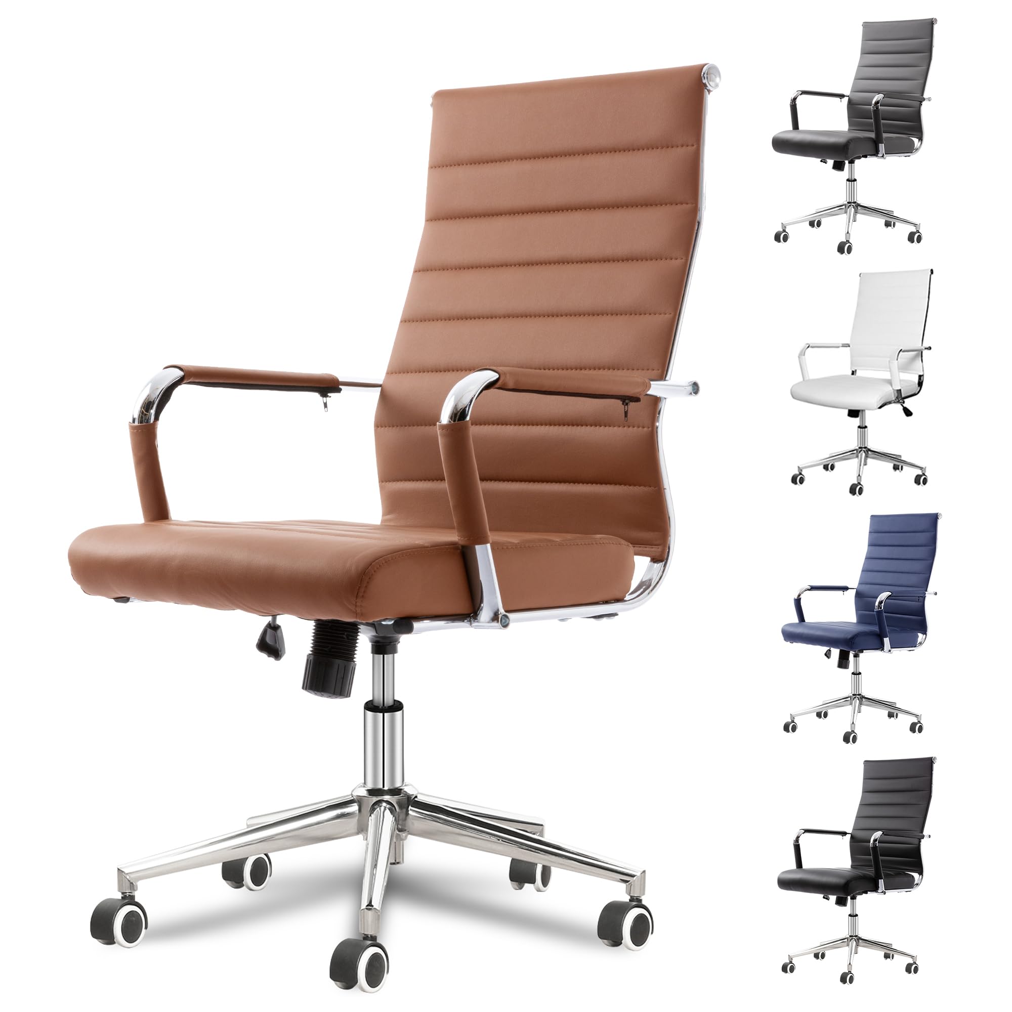 Okeysen Ergonomic Leather Office Chair - Adjustable Height Swivel Rolling Executive Desk Chair for Home & Conference Room - Modern Ribbed Design (Brown) - Perfect for Long Work Hours & Professional Meetings