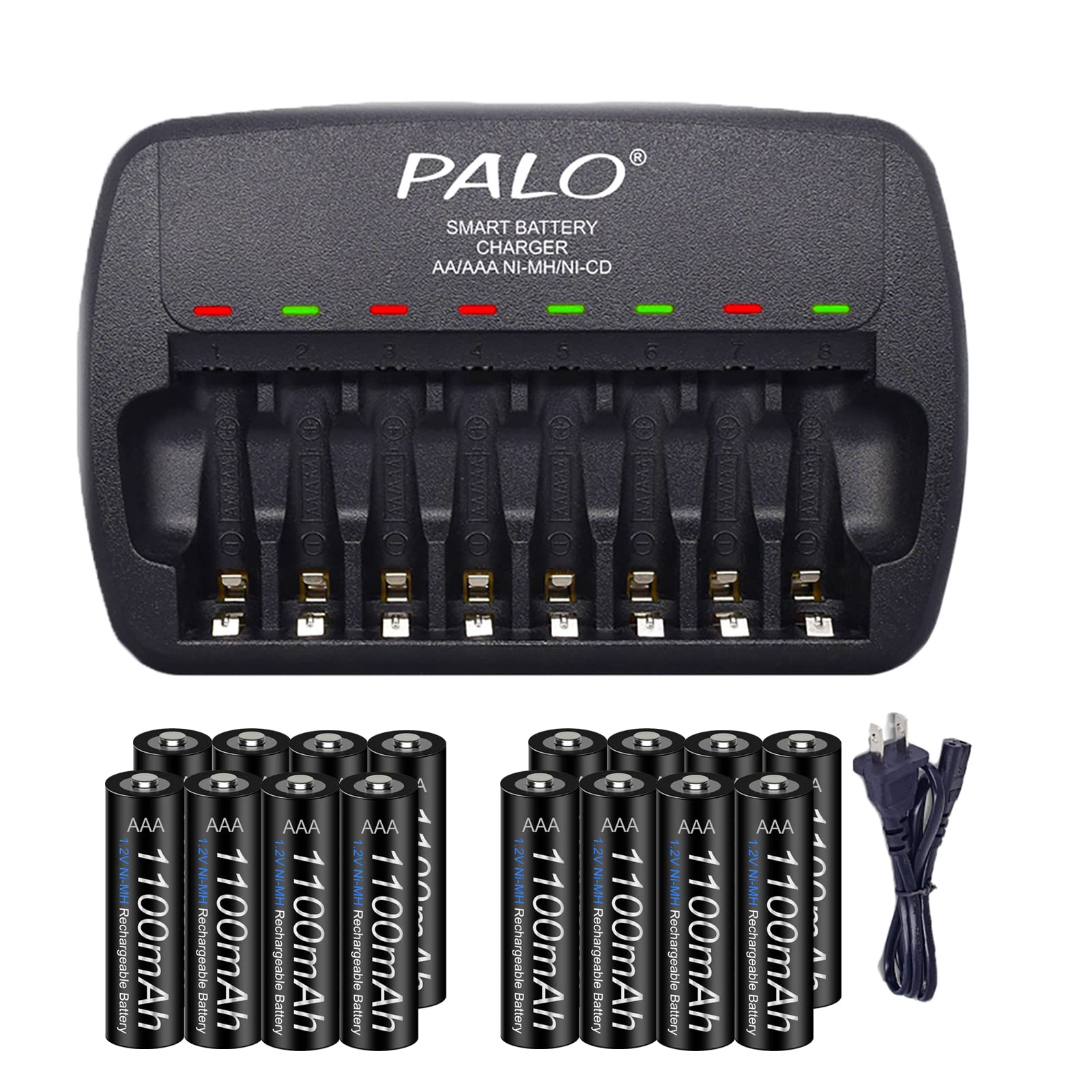 16 Pack Rechargeable AAA Batteries with Smart 8-Bay Fast Charger - 1.2V NiMH Low Self-Discharge Batteries for Cameras, Toys, Flashlights & Electronics - Long Lasting Power Solution