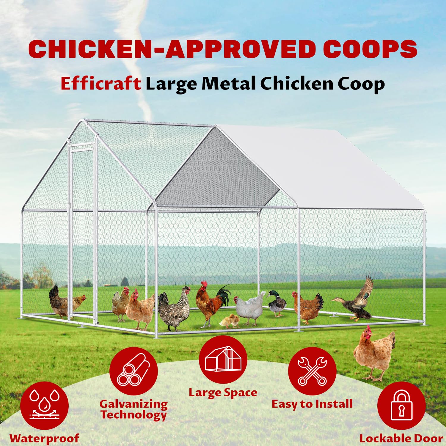 Large Metal Chicken Coop & Run Pen for 10 Chickens - Durable Poultry Cage with Waterproof Cover - Walk-in Design for Backyard, Farm & Outdoor Use - Perfect for Free-Range Chickens, Egg Laying Hens & Small Flock Protection