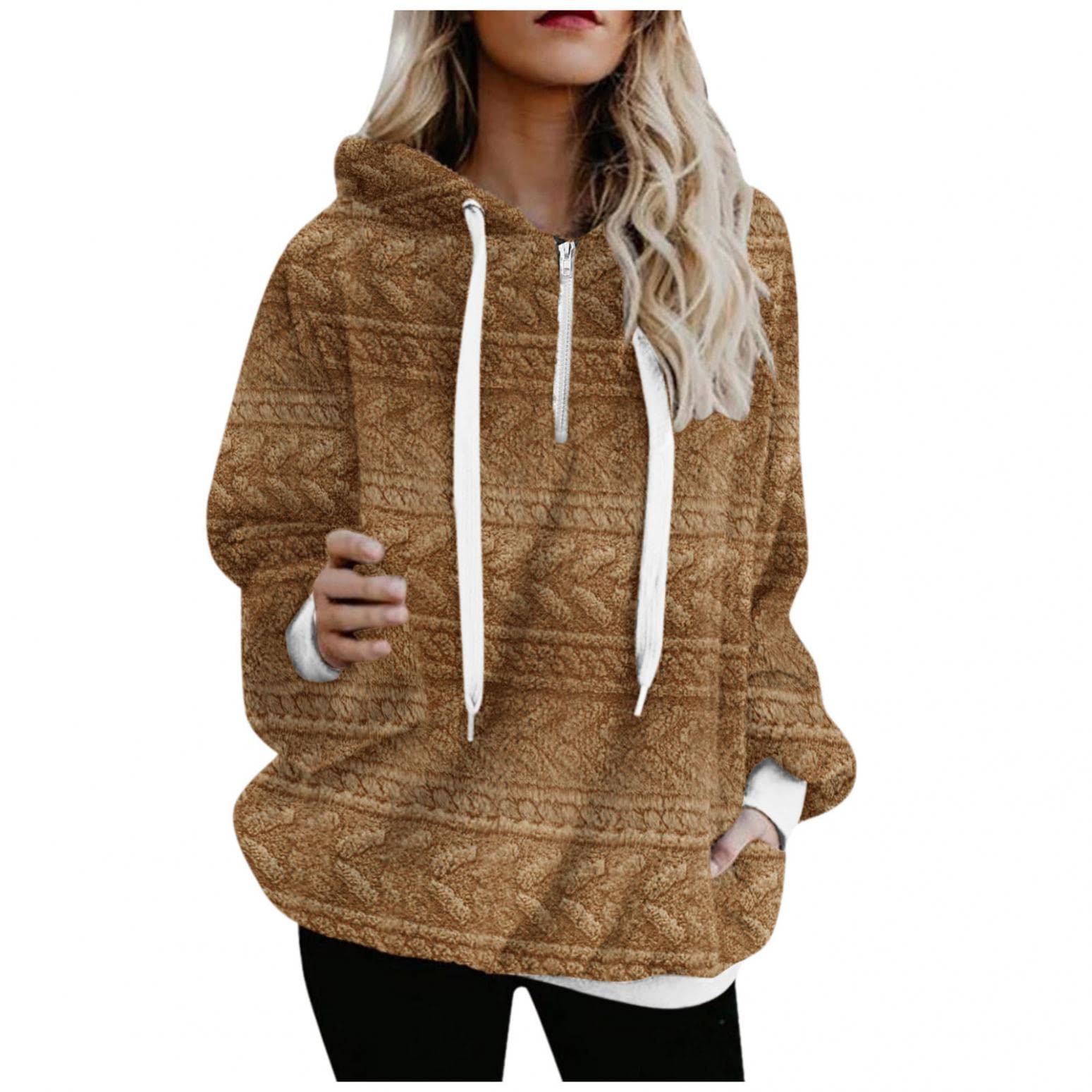 Women's Fleece Hooded Sweatshirt with Zipper Pockets - Soft Fuzzy Pullover Hoodie & Cozy Fluffy Coat for Winter | Casual Outerwear, Lounge Wear, Street Fashion