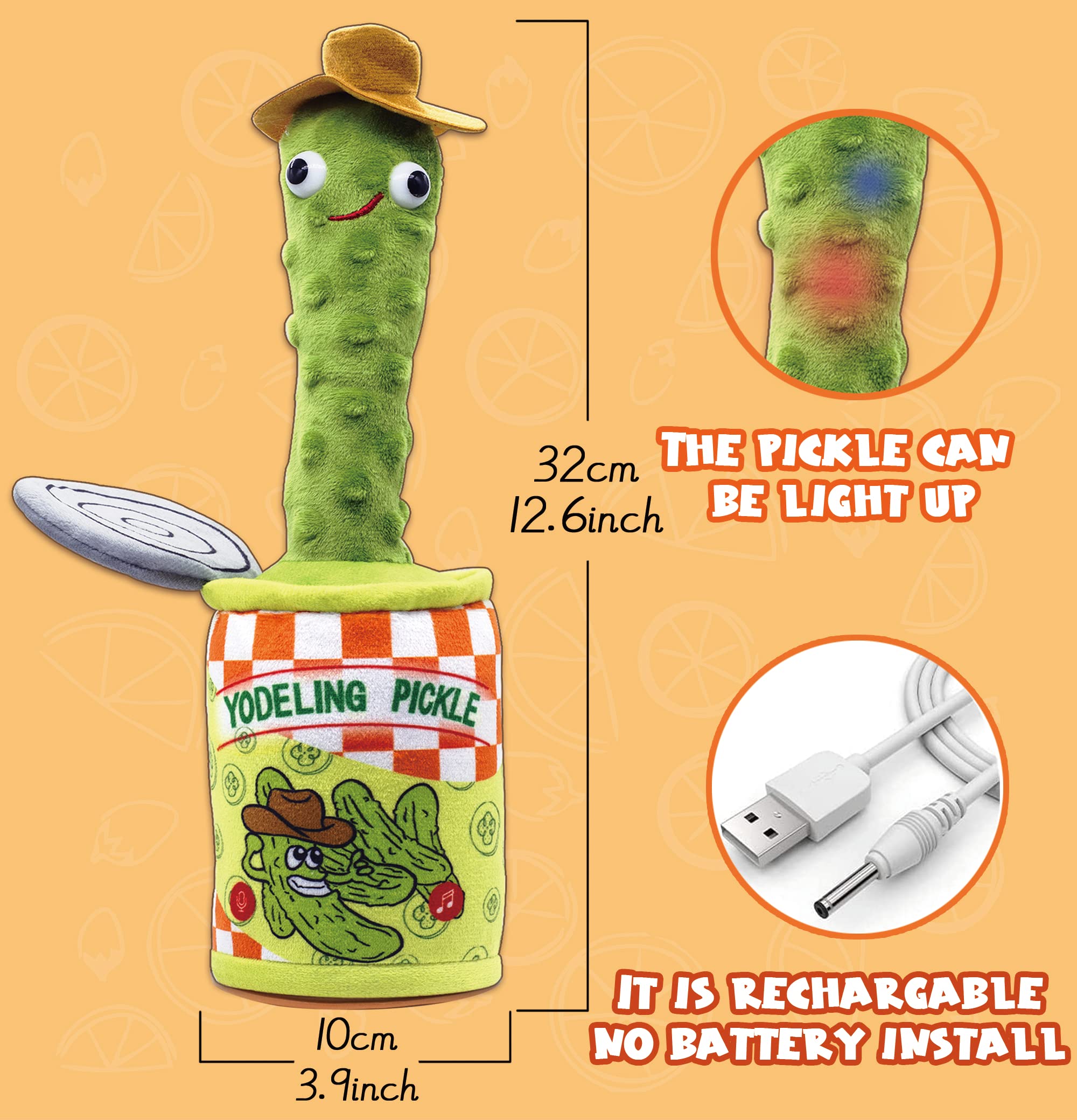 Rechargeable Talking Yodeling Pickle Toy - Funny Singing Dancing Plush That Repeats Your Voice | Novelty Gag Gift for Adults & Kids | Perfect for Pranks, Parties & Family Entertainment