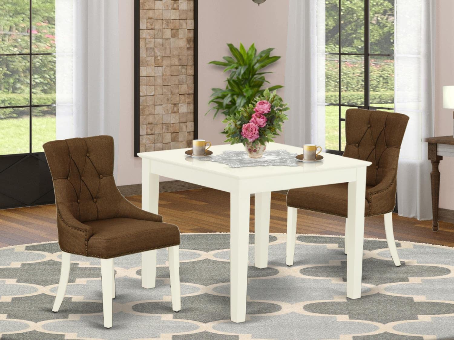 East West Furniture OXFR3-LWH-18 3-Piece Small Space Dinette Set with 36x36 Inch Square Table & 2 Brown Linen Upholstered Parson Chairs - Perfect for Apartments, Breakfast Nooks & Cozy Dining Areas