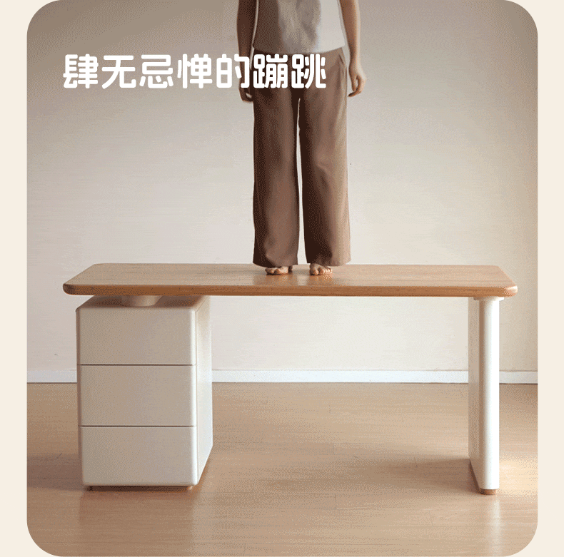 Solid Oak Wood Desk with Lower Storage Cabinet - Sturdy Home Office Desk for Study, Work & Writing