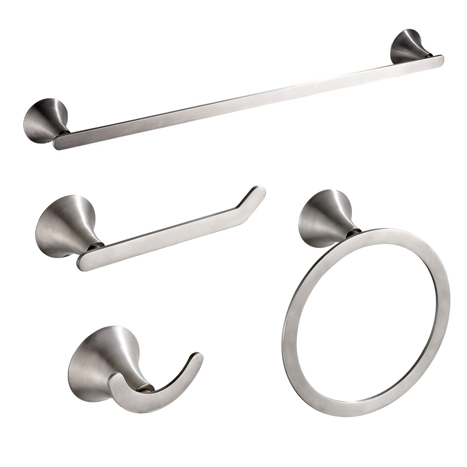 Brushed Nickel Bathroom Hardware Set - 4-Piece Wall Mounted Accessories (Toilet Paper Holder, Robe Hook, Towel Ring & Bar) - Durable 304 Stainless Steel - Perfect for Modern Bathroom Decor & Small Space Solutions