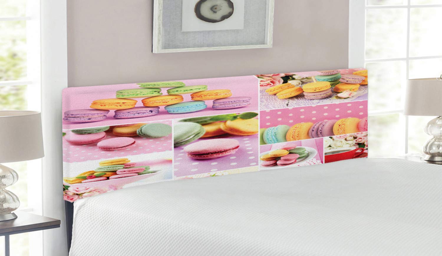 Ambesonne Colorful Upholstered Headboard - Macaroon Collage Design, Decorative Metal Bed Frame with Memory Foam, Queen Size, Multicolor | Perfect for Bedroom Decor, French Theme Guest Rooms & Cozy Home Styling