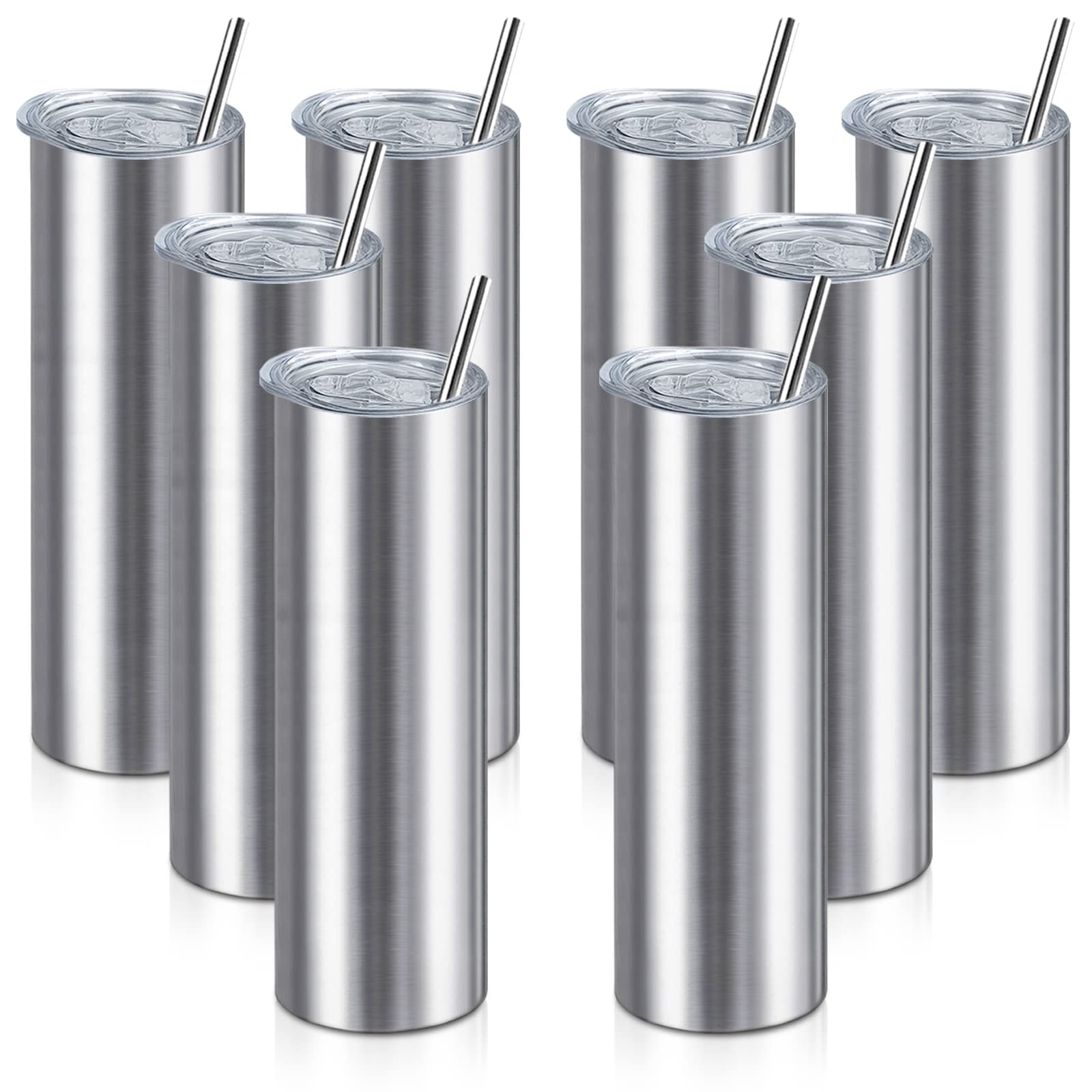 20oz Straight Skinny Stainless Steel Tumblers with Straw - 8 Pack Double Wall Insulated Travel Tumbler for Coffee, Tea & Cold Drinks - Perfect DIY Gift for Men, Women & Friends (Silver) - Ideal for Office, Gym, Camping & Road Trips