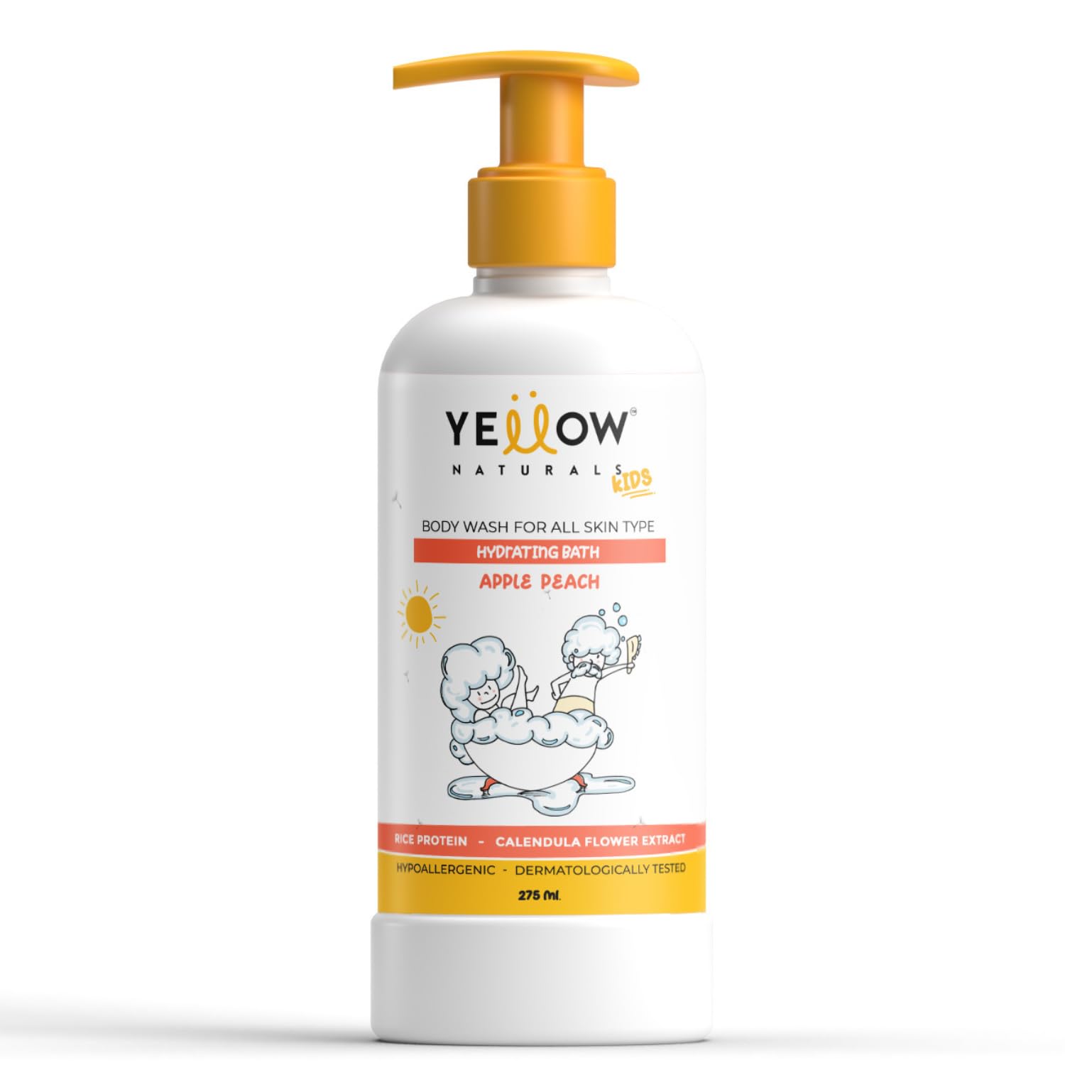 Yellow Naturals Kids Body Wash with Rice Protein & Calendula Extract | 9.3oz Gentle Bath Gel for Children Ages 4-12 | Dermatologist Tested, Paraben-Free | Perfect for Sensitive Skin & Daily Bath Time