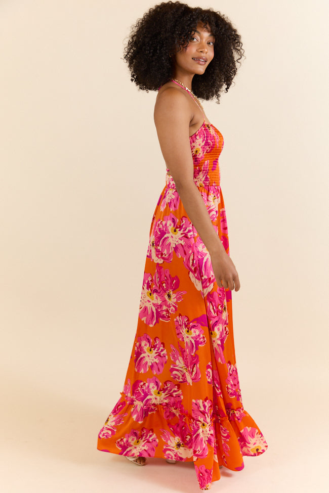 Stylish Orange Printed Smocked Halter Maxi Dress - Perfect for Summer Beach Vacations & Outdoor Parties