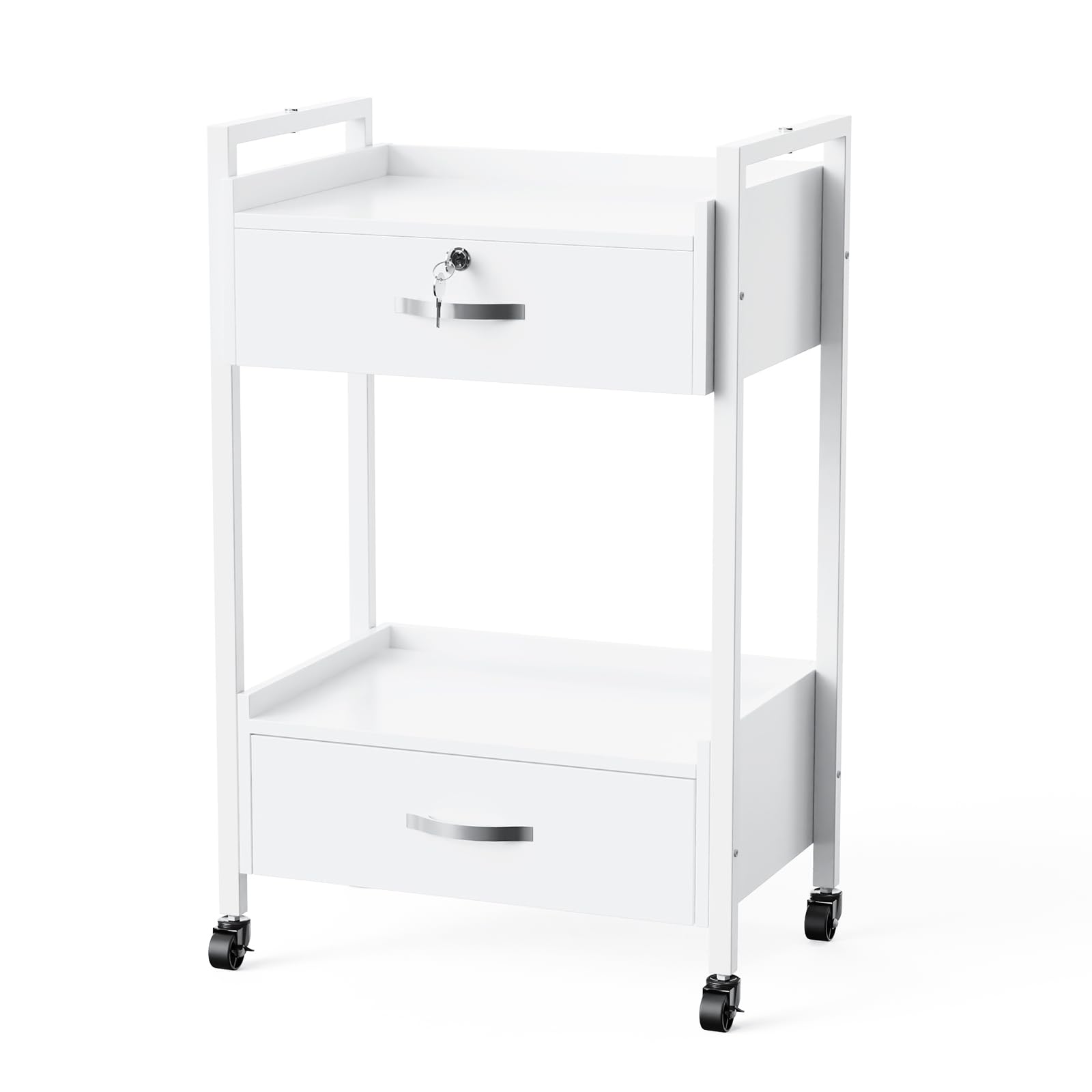 OmySalon Professional Salon Trolley Cart with Wheels - 2 Drawers & 2 Trays Mobile Storage Organizer for Beauty Spa, Massage, Tattoo & Facial Tools - White | Perfect for Estheticians, Salon Professionals & Home Beauty Stations