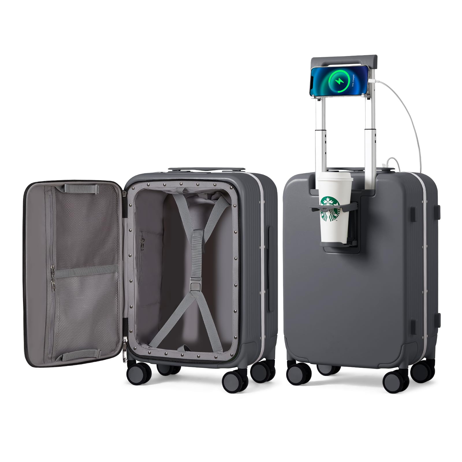 Mixi 20 Inch Rock Gray Hard Shell Carry On Luggage with USB Charger, Cup & Phone Holder, 360° Spinner Wheels - Perfect for Air Travel, Business Trips & Weekend Getaways