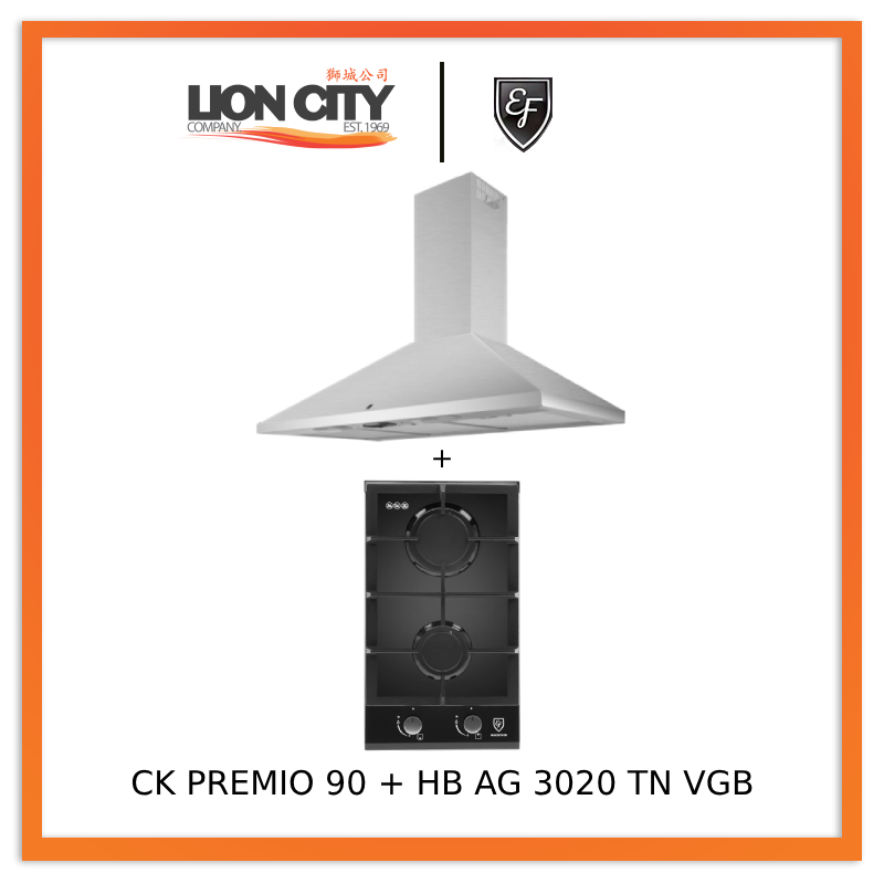 EF CK Premio 90 Stainless Steel Chimney Range Hood with EF HB AG 3020 TN VGB Built-in Gas Hob - Modern Kitchen Ventilation System for Home Cooking & Professional Chefs