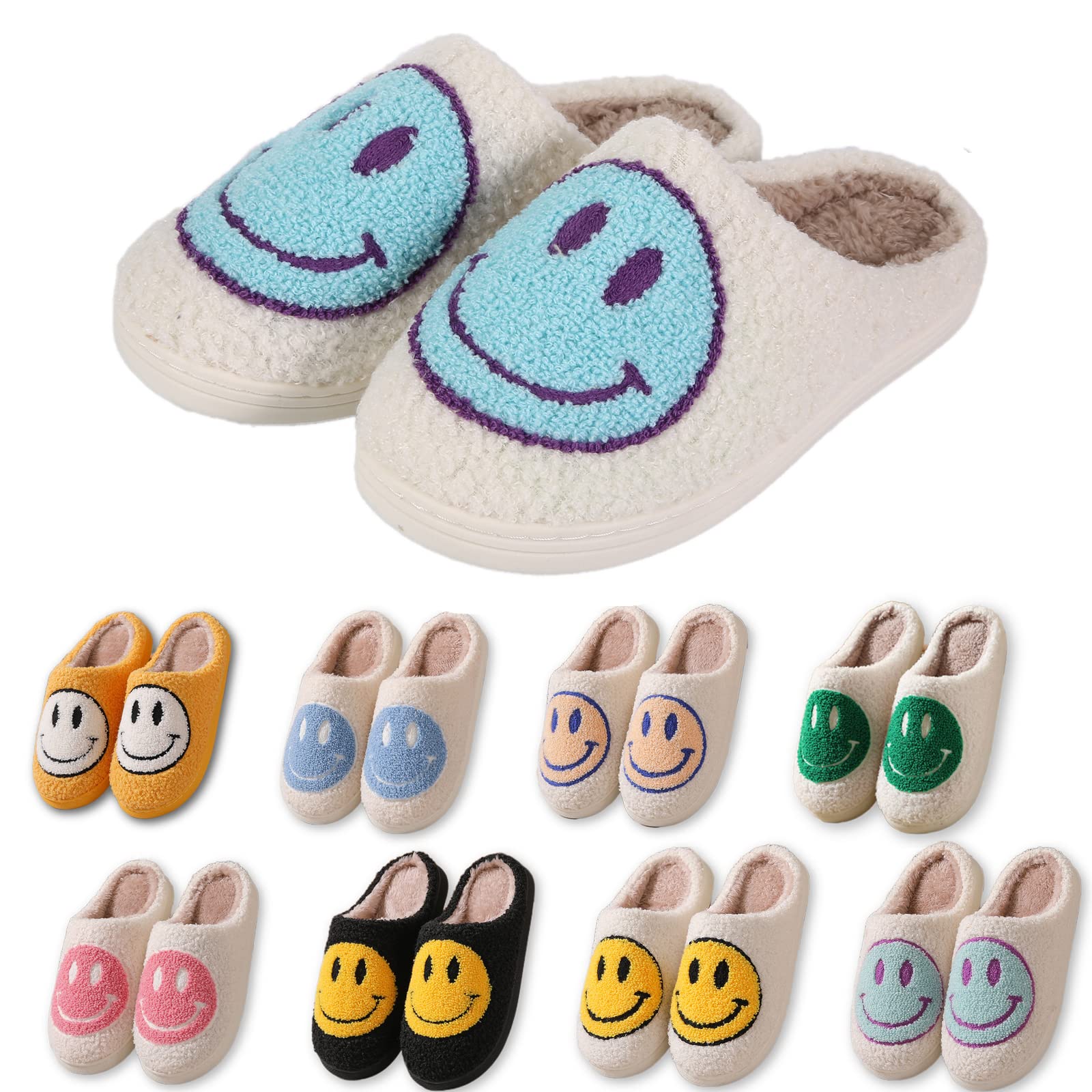 Rosyclo Retro Smile Face Slippers for Women & Men - Soft Plush Fleece-Lined Warm House Shoes with Non-Slip Sole | Cozy Indoor/Outdoor Wear for Home, Dorm, Spa & Winter Comfort