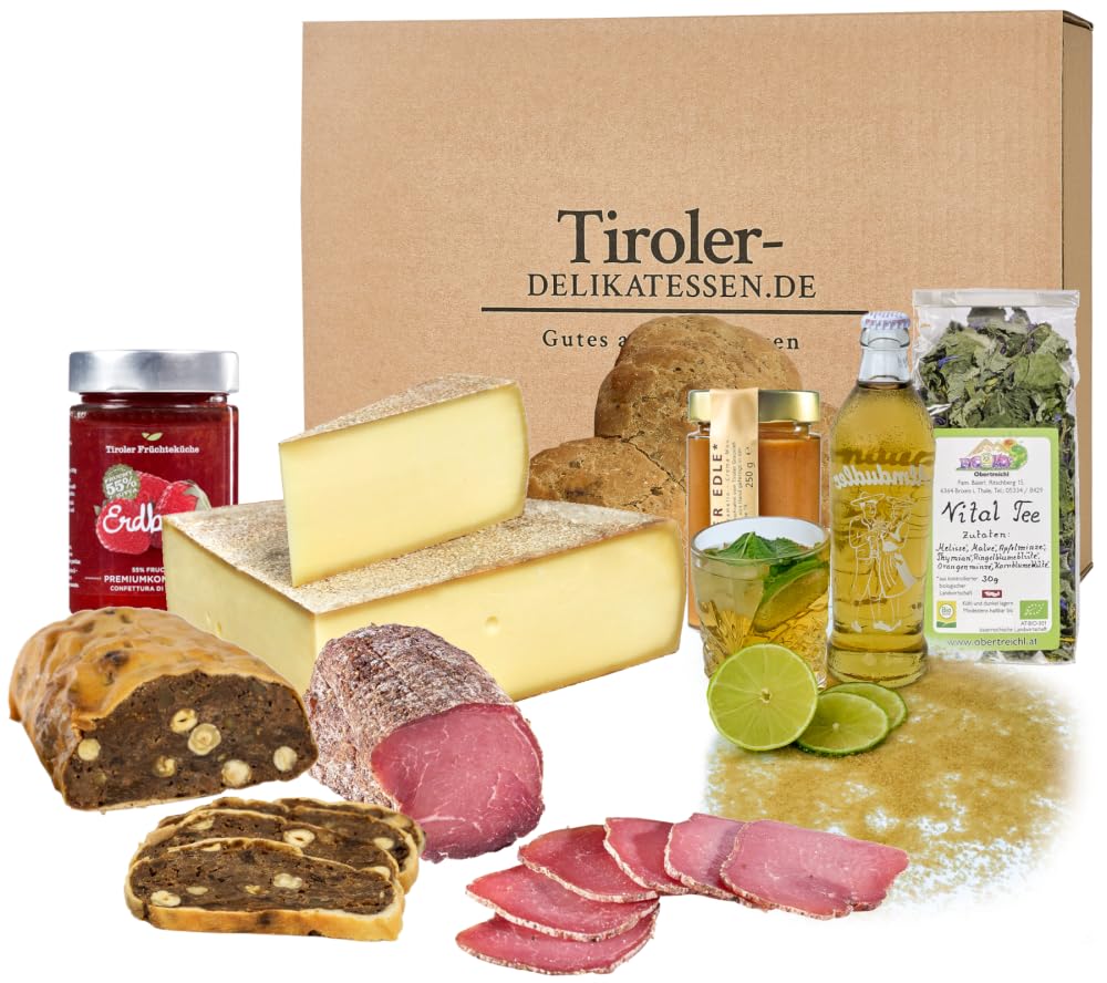 Almgourmet 8-Piece Gourmet Gift Set - Authentic Tyrolean Breakfast Specialties with Almdudler, Jam, Sausage & Cheese - Perfect for Holiday Gifts, Housewarming & Austrian Food Lovers