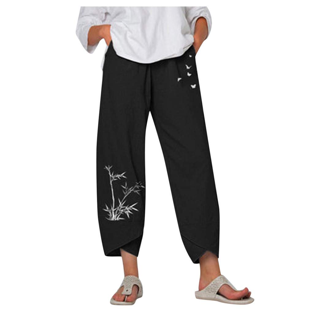 aihihe Women's Linen Wide Leg Palazzo Pants - Elastic Drawstring Waist, Loose Baggy Capris with Pockets | Perfect for Summer, Beach, Travel & Casual Outfits