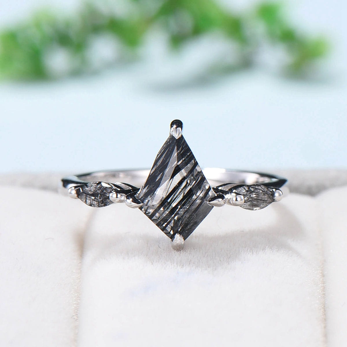 Elegant Kite Cut Black Rutilated Quartz Ring with Marquise Cut Black Tourmaline - Minimalist 3 Stone Engagement Ring, Dainty Wedding Band, Anniversary Gift for Her - Perfect for Proposals, Weddings & Special Occasions