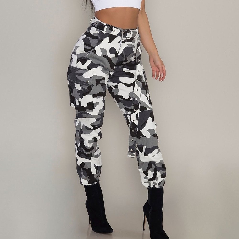 Women's Camo Cargo Pants - Military Combat Casual Trousers with Multiple Pockets (White, Large) | Perfect for Outdoor Adventures, Hiking & Streetwear Fashion